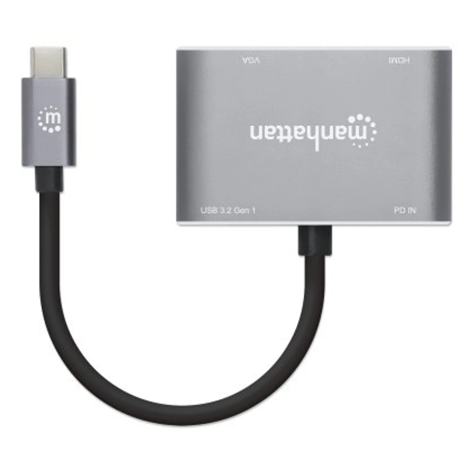 Manhattan Dock/hub USB-C, 4 ports : HDMI, USB-A, USB-C et VGA, avec Power Delivery (PD) 87 W - nécessite un chargeur USB-C externe (non inclus). Alimenté par USB (aucune alimentation externe requise) lorsque le PD n’est pas utilisé, aluminium