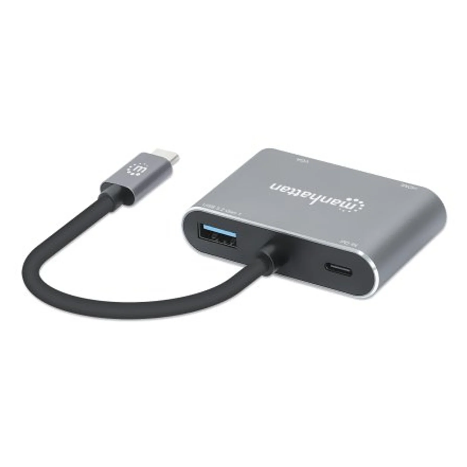 Manhattan Dock/hub USB-C, 4 ports : HDMI, USB-A, USB-C et VGA, avec Power Delivery (PD) 87 W - nécessite un chargeur USB-C externe (non inclus). Alimenté par USB (aucune alimentation externe requise) lorsque le PD n’est pas utilisé, aluminium