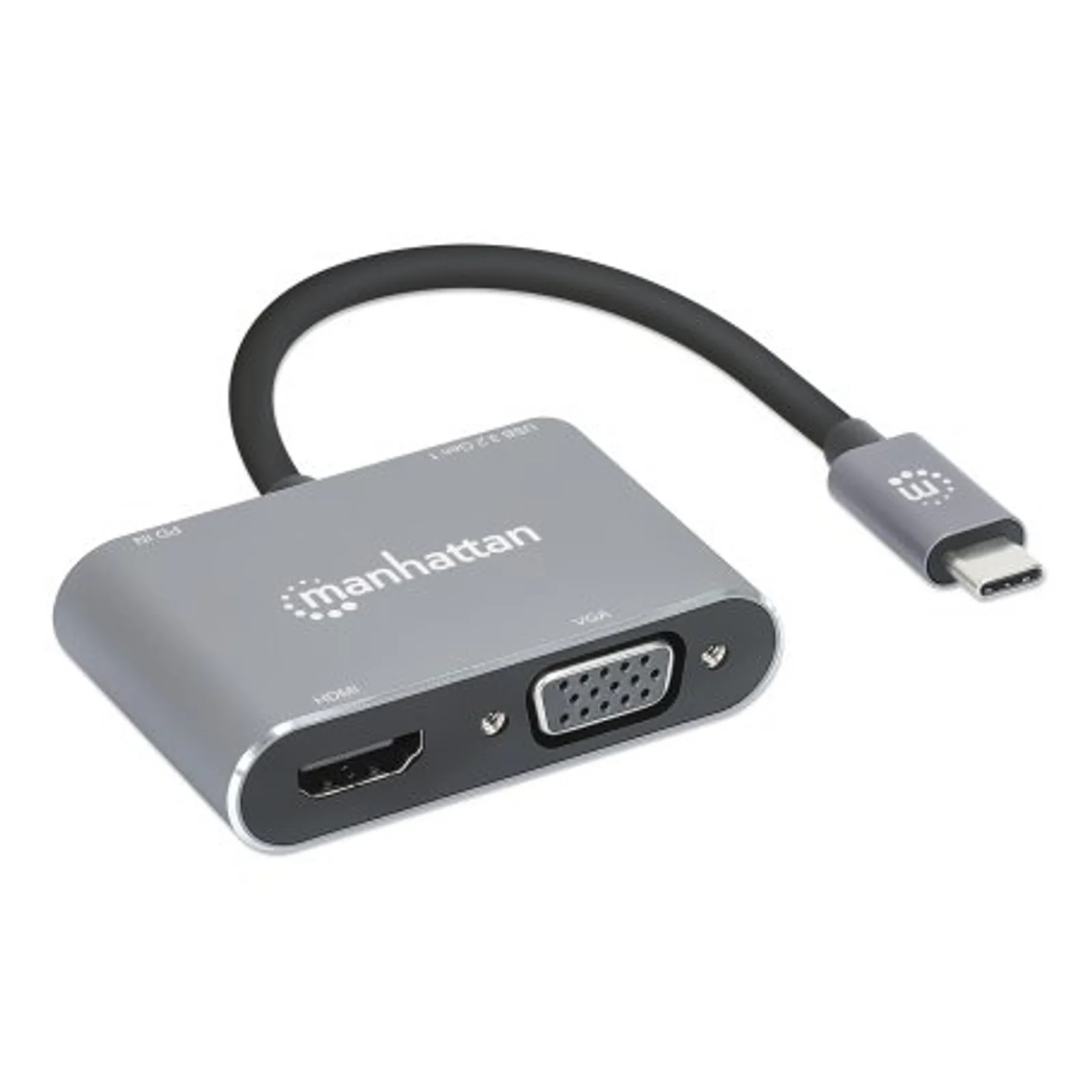 Manhattan Dock/hub USB-C, 4 ports : HDMI, USB-A, USB-C et VGA, avec Power Delivery (PD) 87 W - nécessite un chargeur USB-C externe (non inclus). Alimenté par USB (aucune alimentation externe requise) lorsque le PD n’est pas utilisé, aluminium