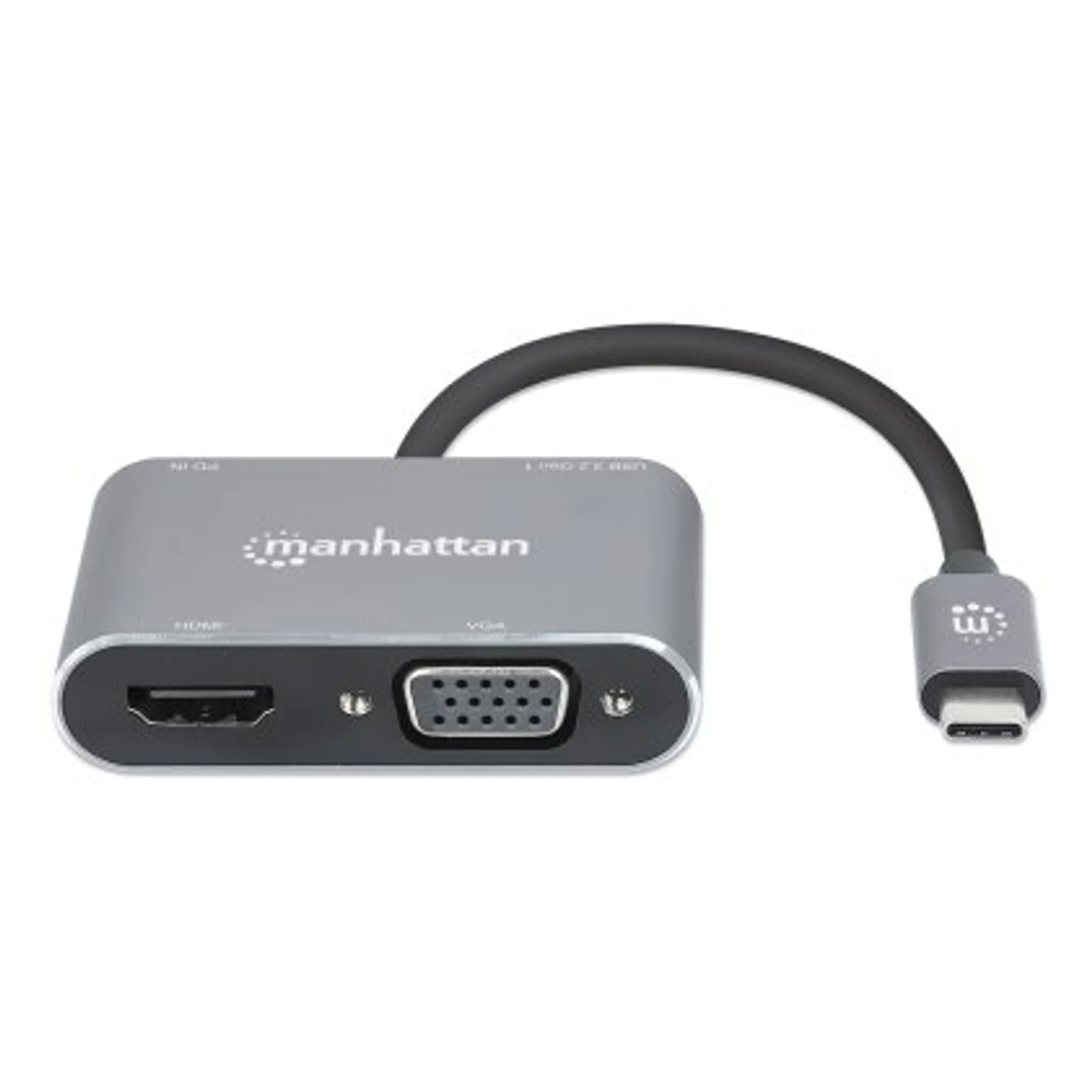 Manhattan Dock/hub USB-C, 4 ports : HDMI, USB-A, USB-C et VGA, avec Power Delivery (PD) 87 W - nécessite un chargeur USB-C externe (non inclus). Alimenté par USB (aucune alimentation externe requise) lorsque le PD n’est pas utilisé, aluminium