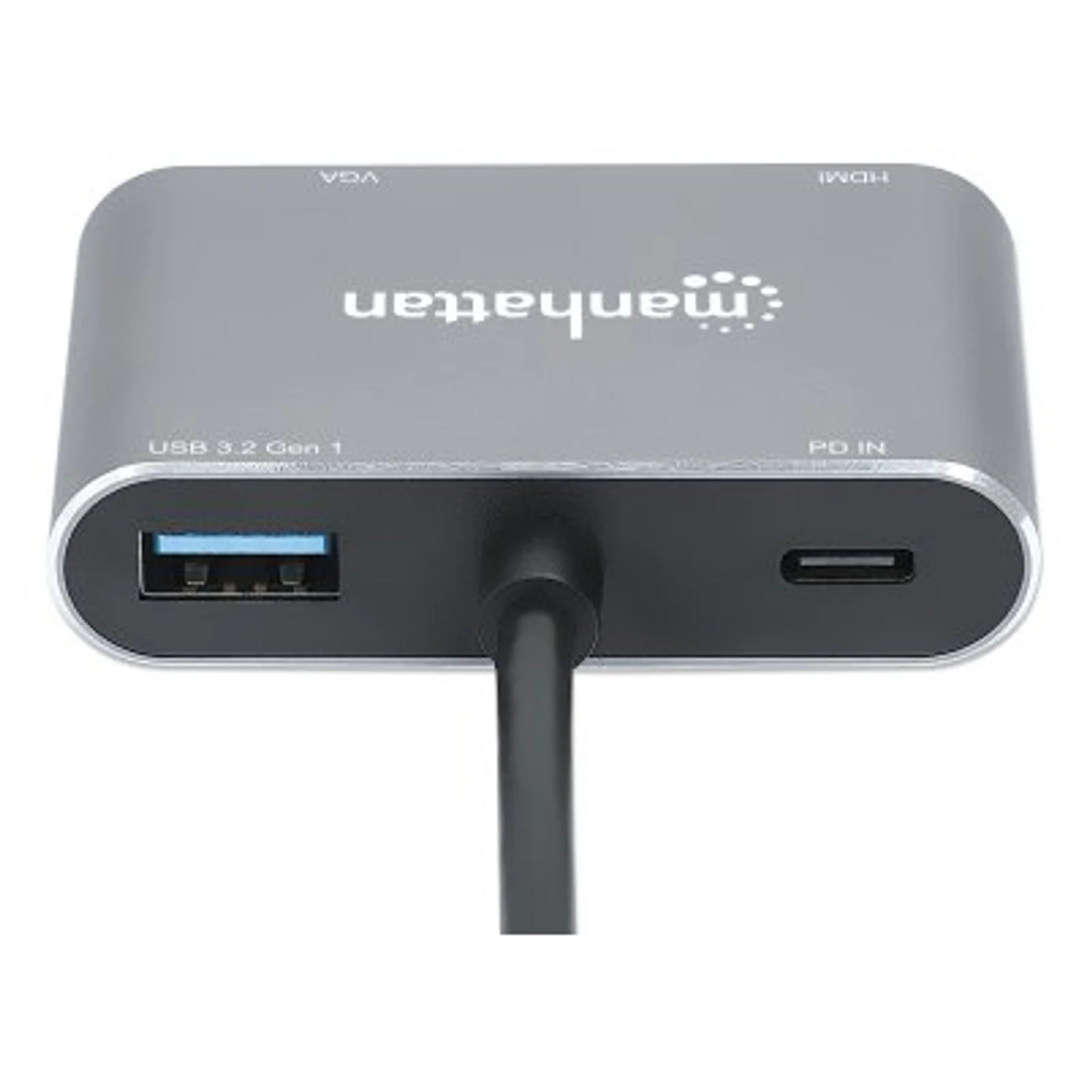 Manhattan Dock/hub USB-C, 4 ports : HDMI, USB-A, USB-C et VGA, avec Power Delivery (PD) 87 W - nécessite un chargeur USB-C externe (non inclus). Alimenté par USB (aucune alimentation externe requise) lorsque le PD n’est pas utilisé, aluminium
