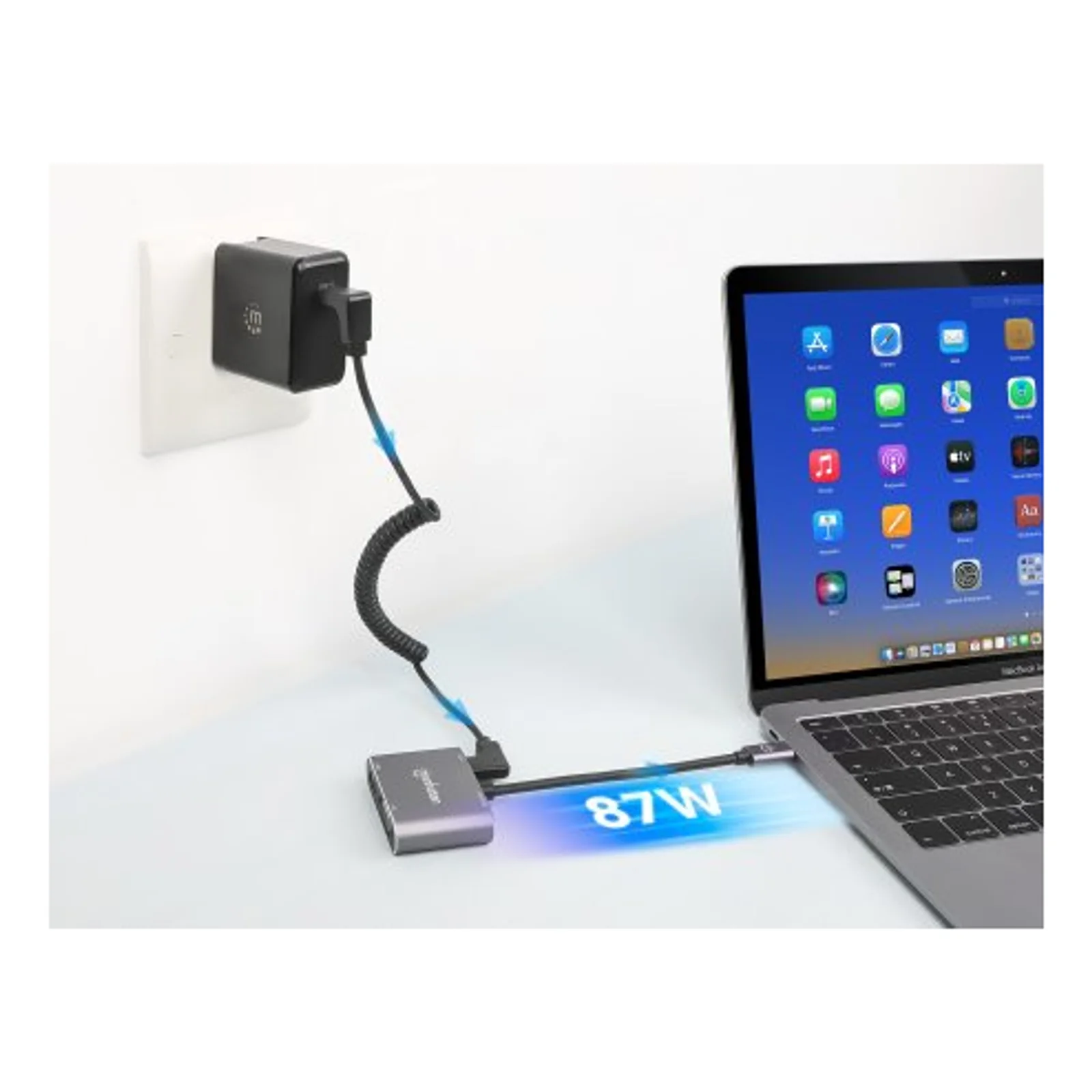 Manhattan Dock/hub USB-C, 4 ports : HDMI, USB-A, USB-C et VGA, avec Power Delivery (PD) 87 W - nécessite un chargeur USB-C externe (non inclus). Alimenté par USB (aucune alimentation externe requise) lorsque le PD n’est pas utilisé, aluminium