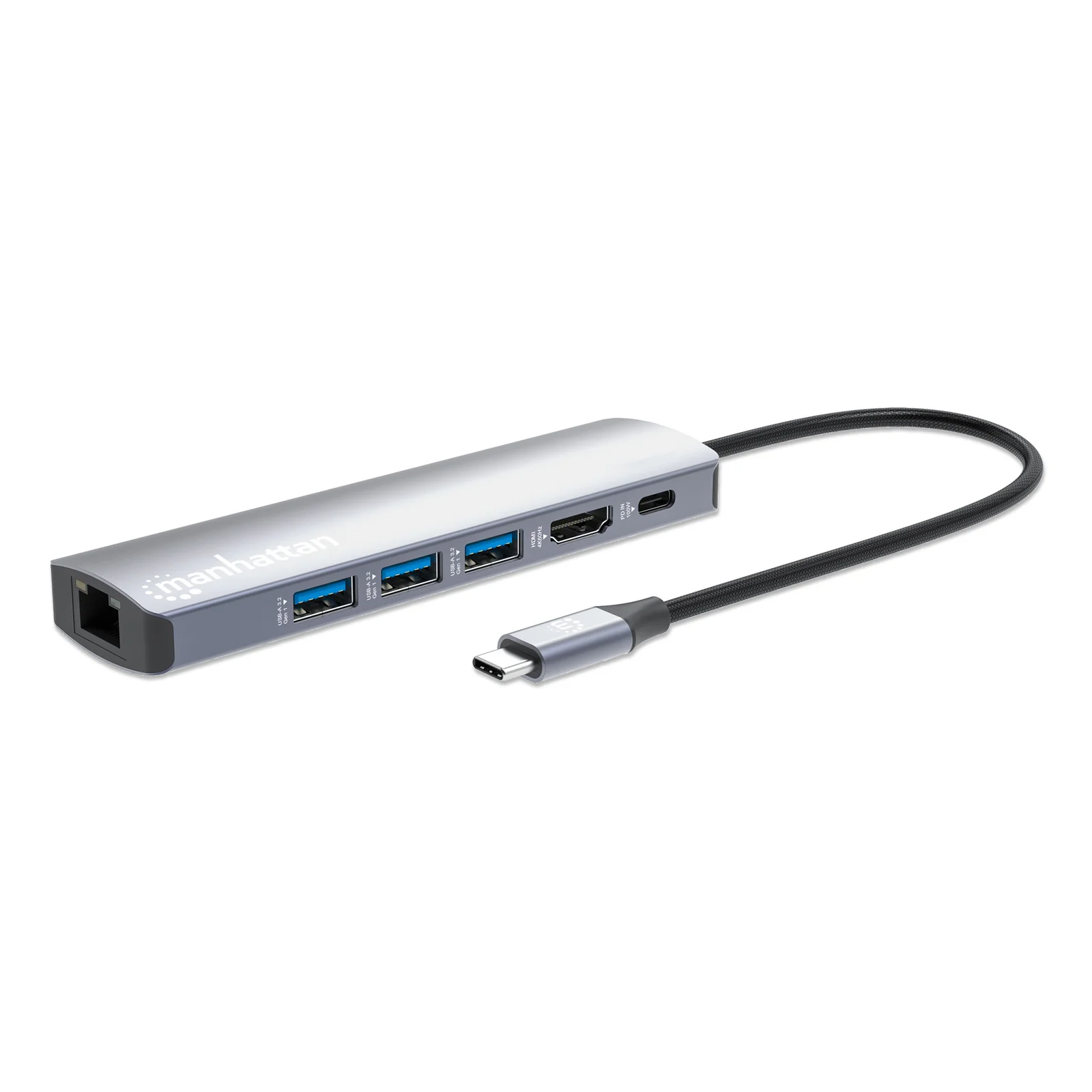 Dock/hub USB-C, 6 ports : Ethernet, HDMI, 3x USB-A + USB-C, avec Power Delivery (PD) 100 W - nécessite un chargeur USB-C externe (non inclus). Alimenté par USB (aucune alimentation externe requise) lorsque le PD n’est pas utilisé