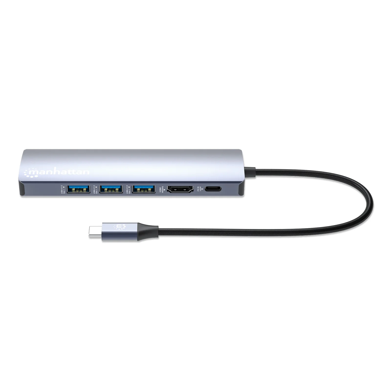 Manhattan Dock/hub USB-C, 6 ports : Ethernet, HDMI, 3x USB-A + USB-C, avec Power Delivery (PD) 100 W - nécessite un chargeur USB-C externe (non inclus). Alimenté par USB (aucune alimentation externe requise) lorsque le PD n’est pas utilisé