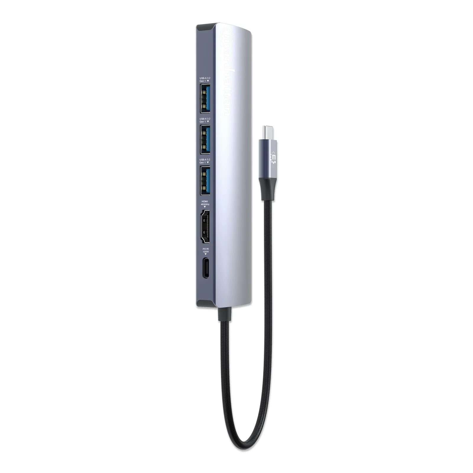 Manhattan Dock/hub USB-C, 6 ports : Ethernet, HDMI, 3x USB-A + USB-C, avec Power Delivery (PD) 100 W - nécessite un chargeur USB-C externe (non inclus). Alimenté par USB (aucune alimentation externe requise) lorsque le PD n’est pas utilisé