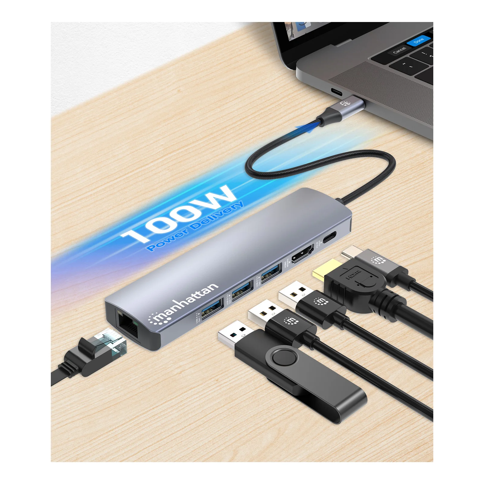 Manhattan Dock/hub USB-C, 6 ports : Ethernet, HDMI, 3x USB-A + USB-C, avec Power Delivery (PD) 100 W - nécessite un chargeur USB-C externe (non inclus). Alimenté par USB (aucune alimentation externe requise) lorsque le PD n’est pas utilisé