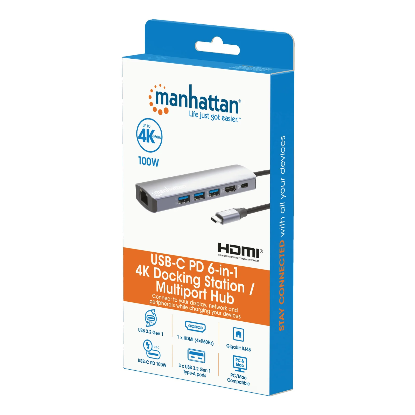 Manhattan Dock/hub USB-C, 6 ports : Ethernet, HDMI, 3x USB-A + USB-C, avec Power Delivery (PD) 100 W - nécessite un chargeur USB-C externe (non inclus). Alimenté par USB (aucune alimentation externe requise) lorsque le PD n’est pas utilisé