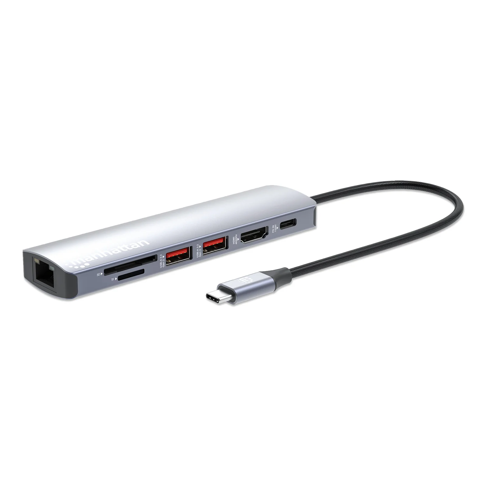 Dock/hub USB-C avec lecteur de cartes, 5 ports : Ethernet, HDMI, 2x USB-A + USB-C, avec Power Delivery (PD) 100 W - nécessite un chargeur USB-C externe (non inclus). Alimenté par USB (aucune alimentation externe requise) lorsque le PD n’est pas utilisé