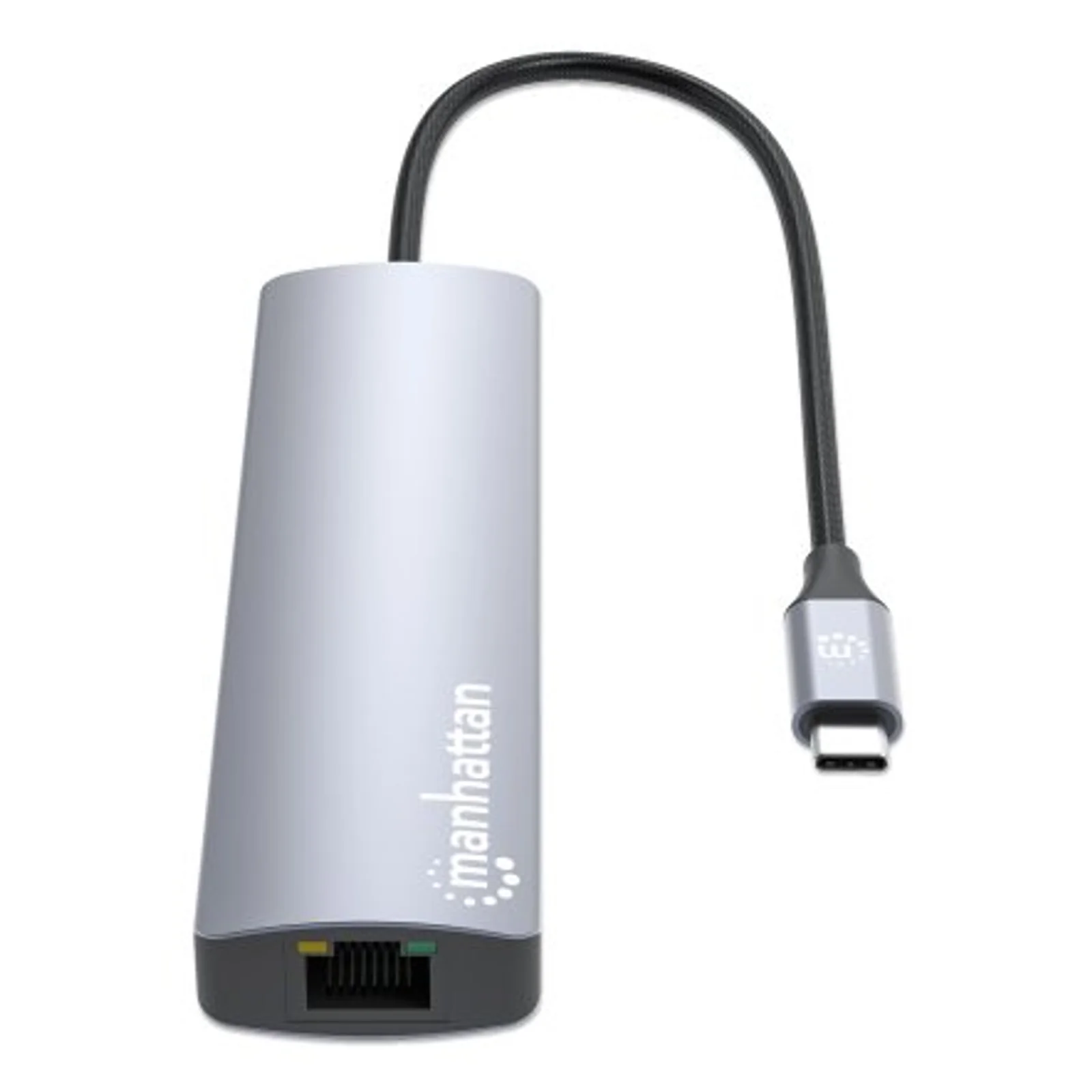 Manhattan Dock/hub USB-C avec lecteur de cartes, 5 ports : Ethernet, HDMI, 2x USB-A + USB-C, avec Power Delivery (PD) 100 W - nécessite un chargeur USB-C externe (non inclus). Alimenté par USB (aucune alimentation externe requise) lorsque le PD n’est pas utilisé