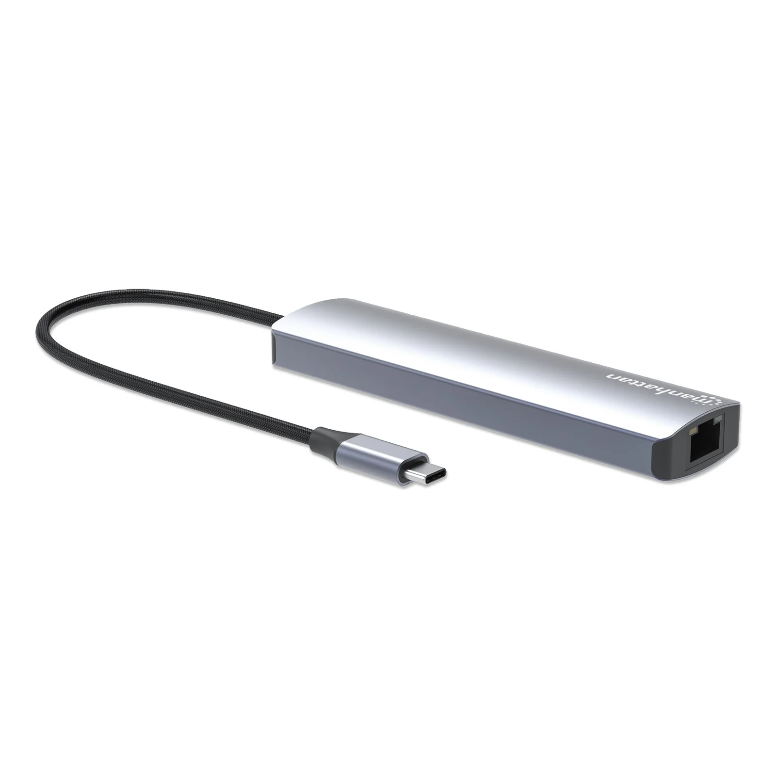 Manhattan Dock/hub USB-C avec lecteur de cartes, 5 ports : Ethernet, HDMI, 2x USB-A + USB-C, avec Power Delivery (PD) 100 W - nécessite un chargeur USB-C externe (non inclus). Alimenté par USB (aucune alimentation externe requise) lorsque le PD n’est pas utilisé