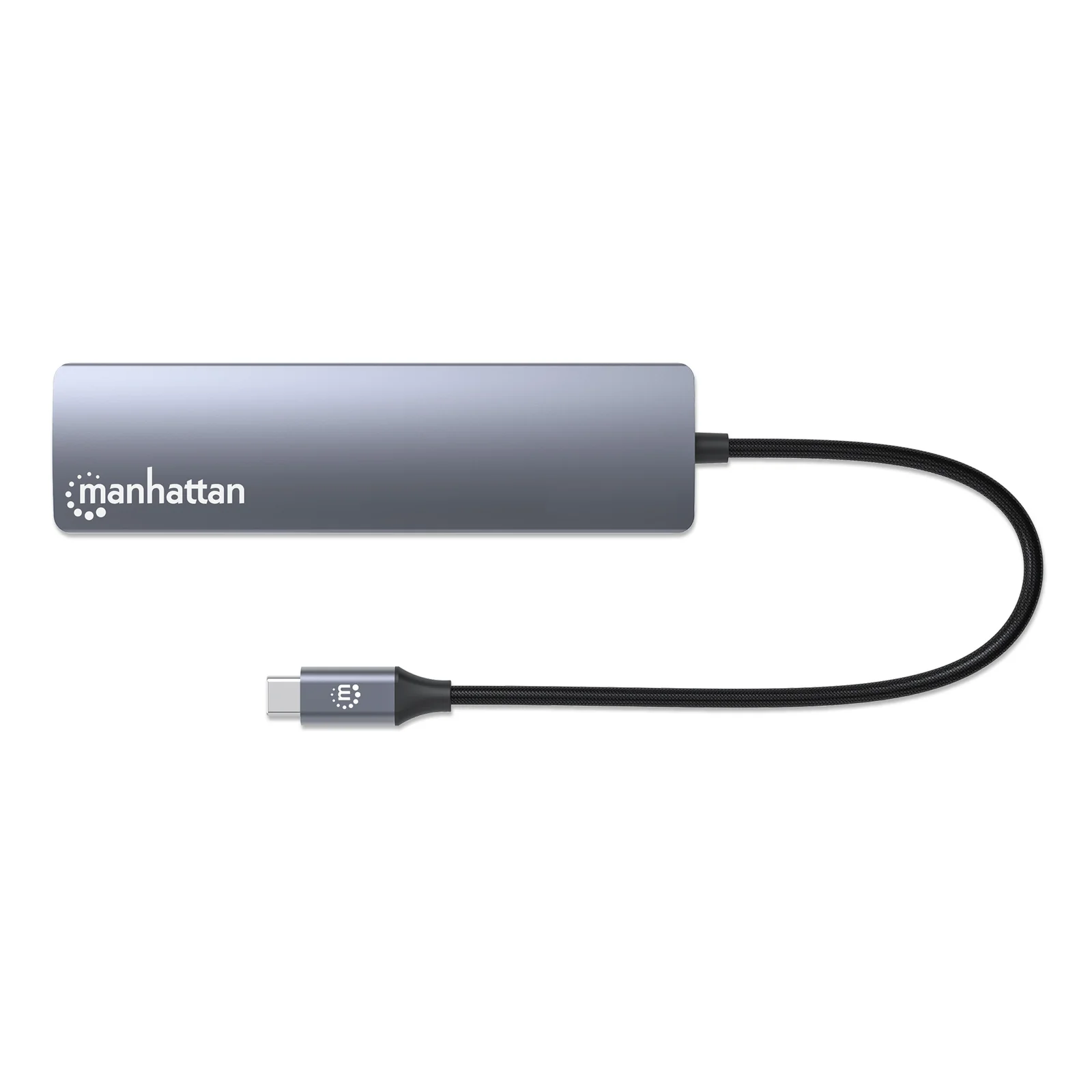 Manhattan Dock/hub USB-C avec lecteur de cartes, 5 ports : Ethernet, HDMI, 2x USB-A + USB-C, avec Power Delivery (PD) 100 W - nécessite un chargeur USB-C externe (non inclus). Alimenté par USB (aucune alimentation externe requise) lorsque le PD n’est pas utilisé