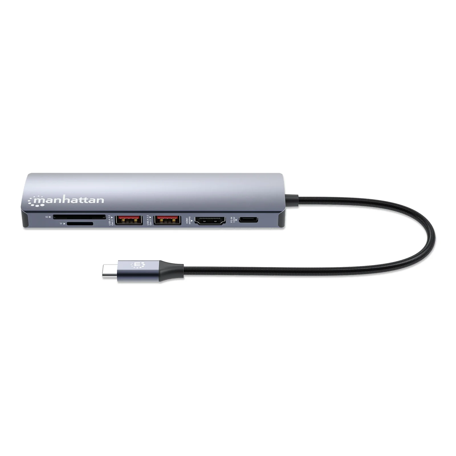 Manhattan Dock/hub USB-C avec lecteur de cartes, 5 ports : Ethernet, HDMI, 2x USB-A + USB-C, avec Power Delivery (PD) 100 W - nécessite un chargeur USB-C externe (non inclus). Alimenté par USB (aucune alimentation externe requise) lorsque le PD n’est pas utilisé
