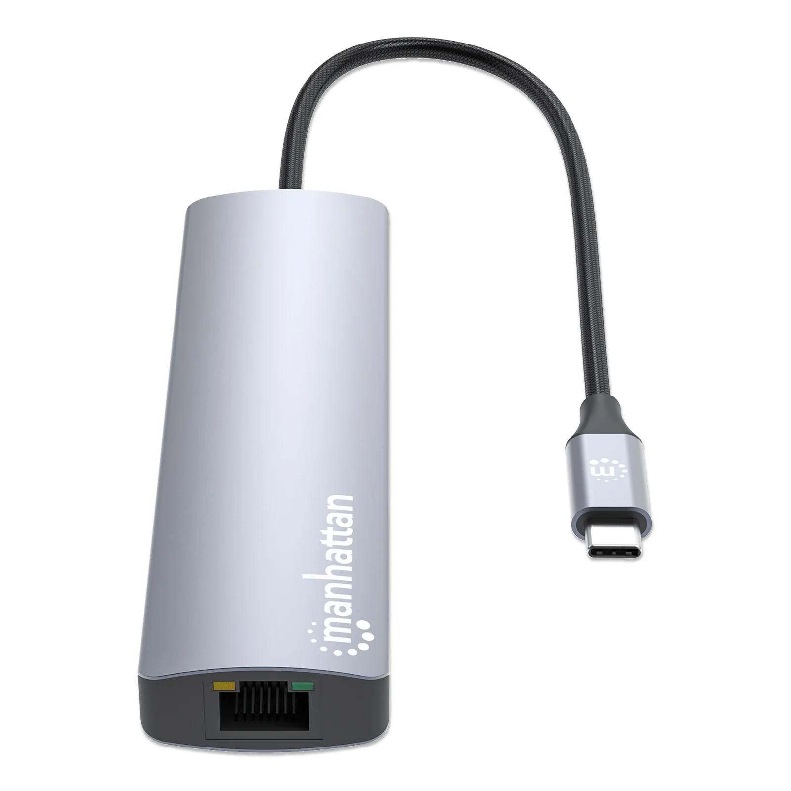 Manhattan Dock/hub USB-C avec lecteur de cartes, 5 ports : Ethernet, HDMI, 2x USB-A + USB-C, avec Power Delivery (PD) 100 W - nécessite un chargeur USB-C externe (non inclus). Alimenté par USB (aucune alimentation externe requise) lorsque le PD n’est pas utilisé