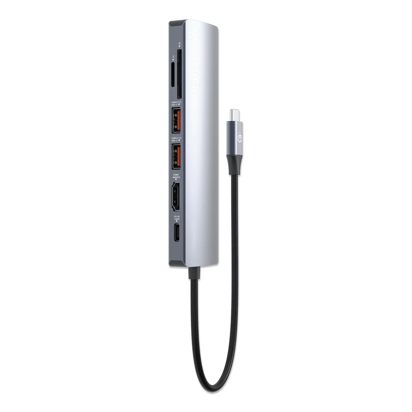 Manhattan Dock/hub USB-C avec lecteur de cartes, 5 ports : Ethernet, HDMI, 2x USB-A + USB-C, avec Power Delivery (PD) 100 W - nécessite un chargeur USB-C externe (non inclus). Alimenté par USB (aucune alimentation externe requise) lorsque le PD n’est pas utilisé