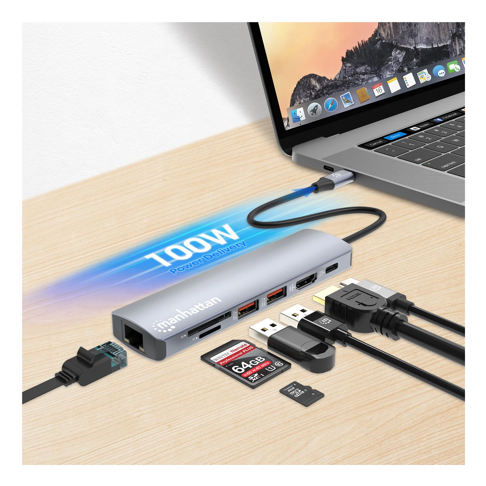Manhattan Dock/hub USB-C avec lecteur de cartes, 5 ports : Ethernet, HDMI, 2x USB-A + USB-C, avec Power Delivery (PD) 100 W - nécessite un chargeur USB-C externe (non inclus). Alimenté par USB (aucune alimentation externe requise) lorsque le PD n’est pas utilisé