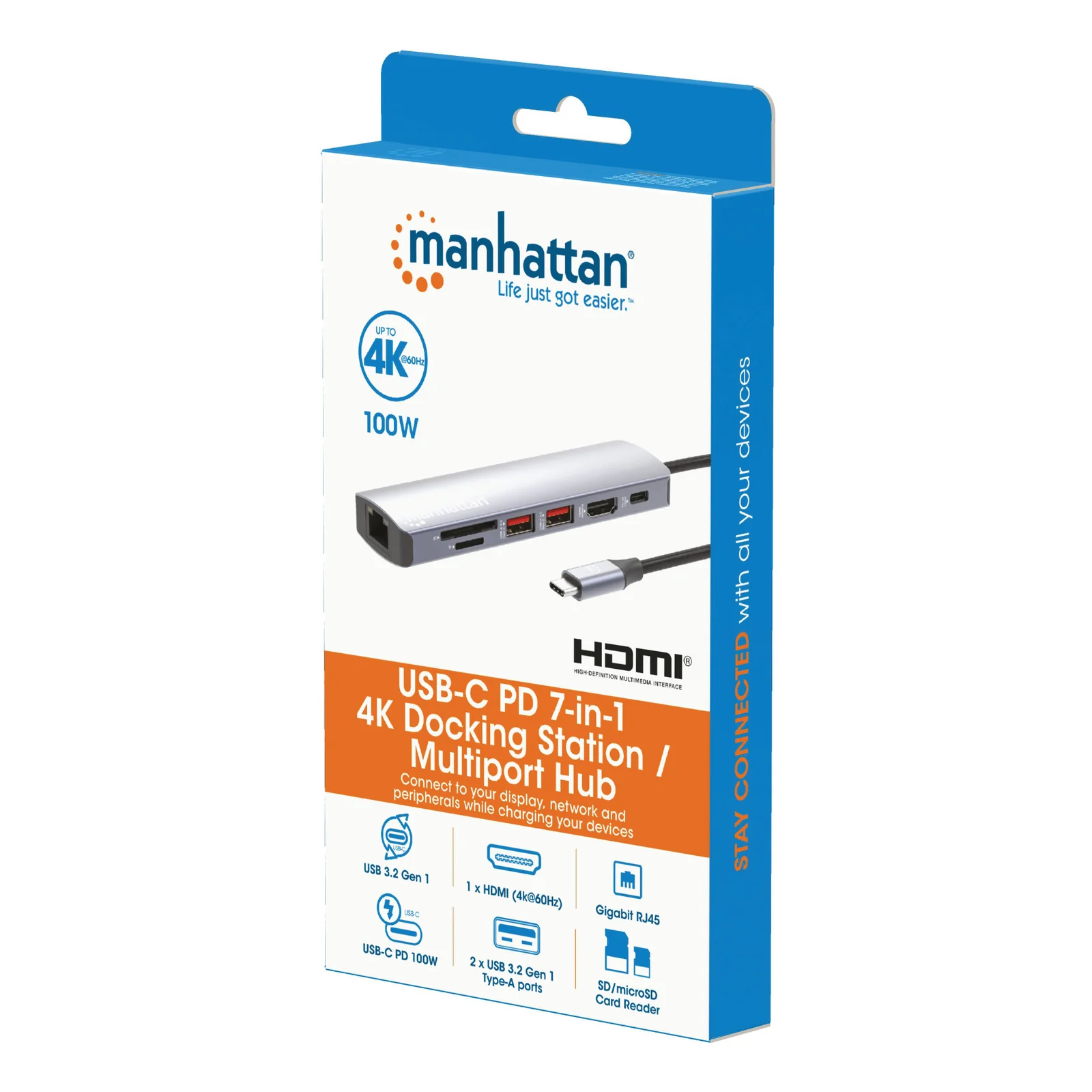 Manhattan Dock/hub USB-C avec lecteur de cartes, 5 ports : Ethernet, HDMI, 2x USB-A + USB-C, avec Power Delivery (PD) 100 W - nécessite un chargeur USB-C externe (non inclus). Alimenté par USB (aucune alimentation externe requise) lorsque le PD n’est pas utilisé
