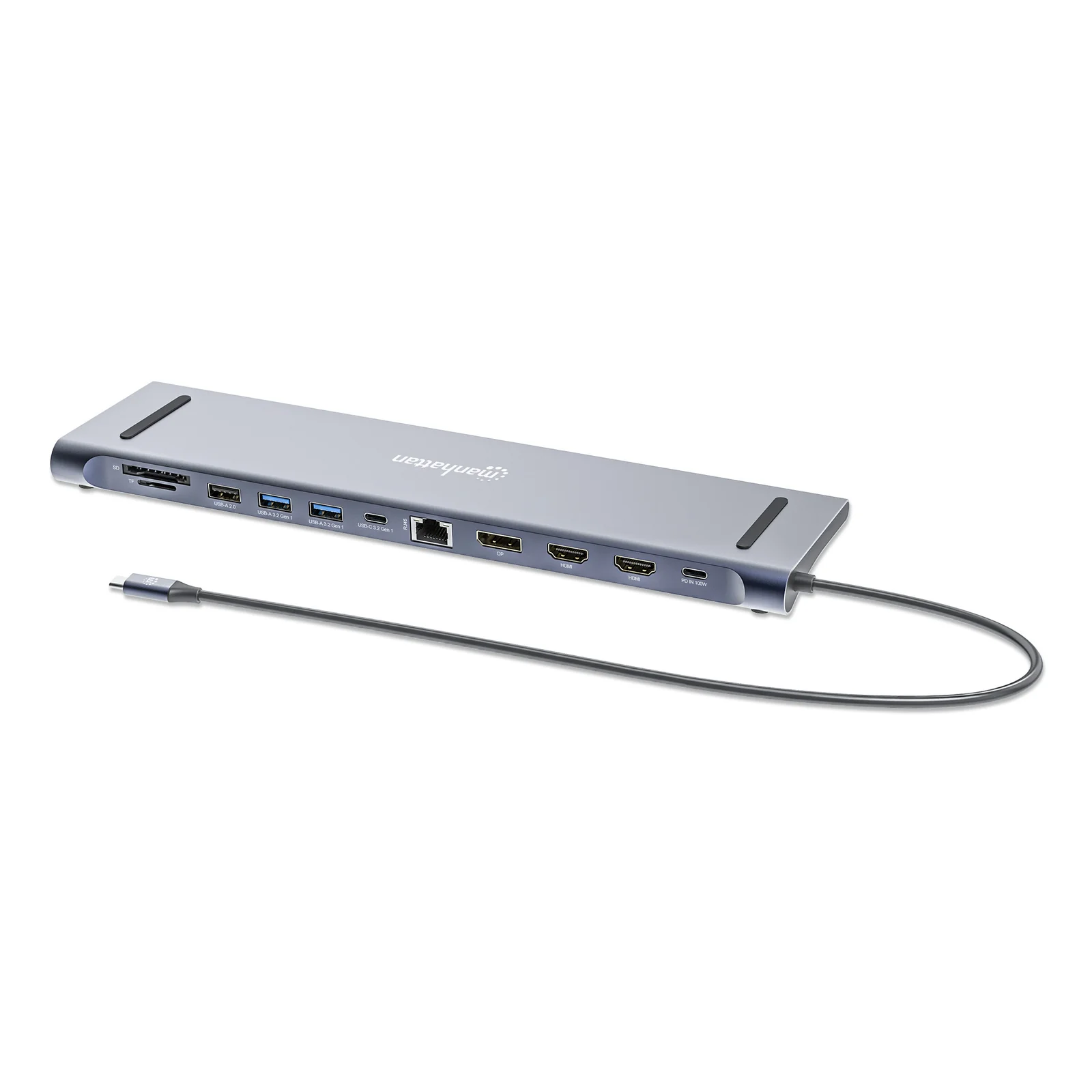 Dock/hub USB-C avec lecteur de cartes: audio 3,5 mm, DisplayPort, Ethernet, 2x HDMI, 3x USB-A + 2x USB-C,avec PD 100W - nécessite un chargeur USB-C externe (non inclus).Alimenté par USB (aucune alimentation externe requise) lorsque le PD n’est pas utilisé