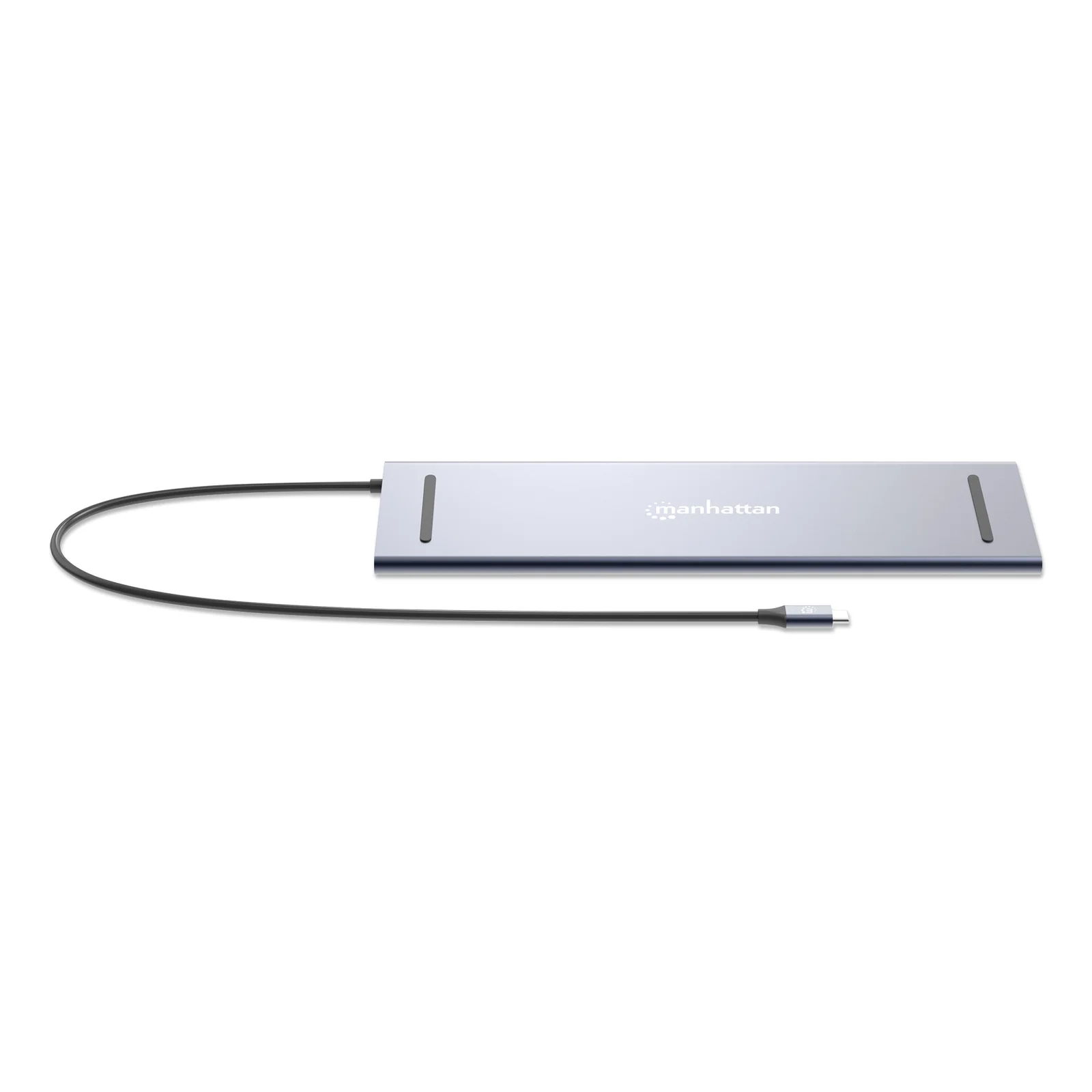 Manhattan Dock/hub USB-C avec lecteur de cartes: audio 3,5 mm, DisplayPort, Ethernet, 2x HDMI, 3x USB-A + 2x USB-C,avec PD 100W - nécessite un chargeur USB-C externe (non inclus).Alimenté par USB (aucune alimentation externe requise) lorsque le PD n’est pas utilisé