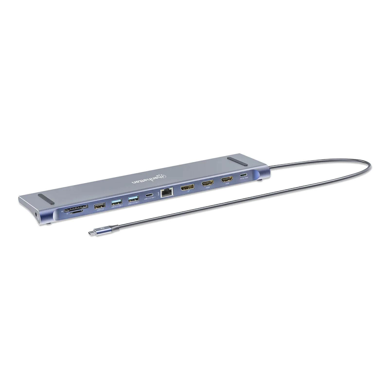 Manhattan Dock/hub USB-C avec lecteur de cartes: audio 3,5 mm, DisplayPort, Ethernet, 2x HDMI, 3x USB-A + 2x USB-C,avec PD 100W - nécessite un chargeur USB-C externe (non inclus).Alimenté par USB (aucune alimentation externe requise) lorsque le PD n’est pas utilisé