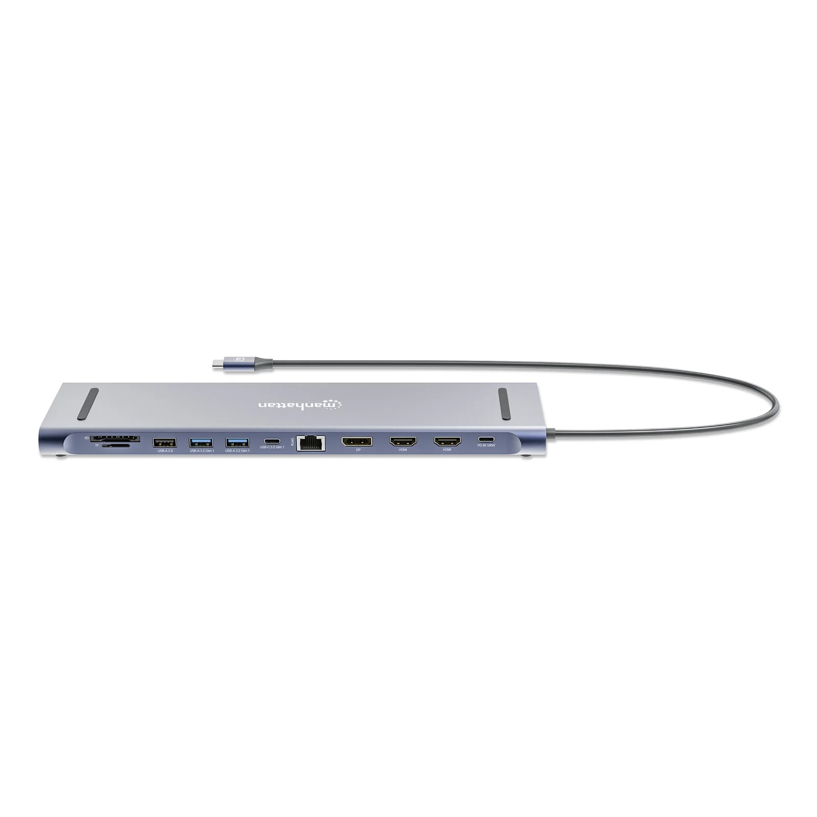 Manhattan Dock/hub USB-C avec lecteur de cartes: audio 3,5 mm, DisplayPort, Ethernet, 2x HDMI, 3x USB-A + 2x USB-C,avec PD 100W - nécessite un chargeur USB-C externe (non inclus).Alimenté par USB (aucune alimentation externe requise) lorsque le PD n’est pas utilisé