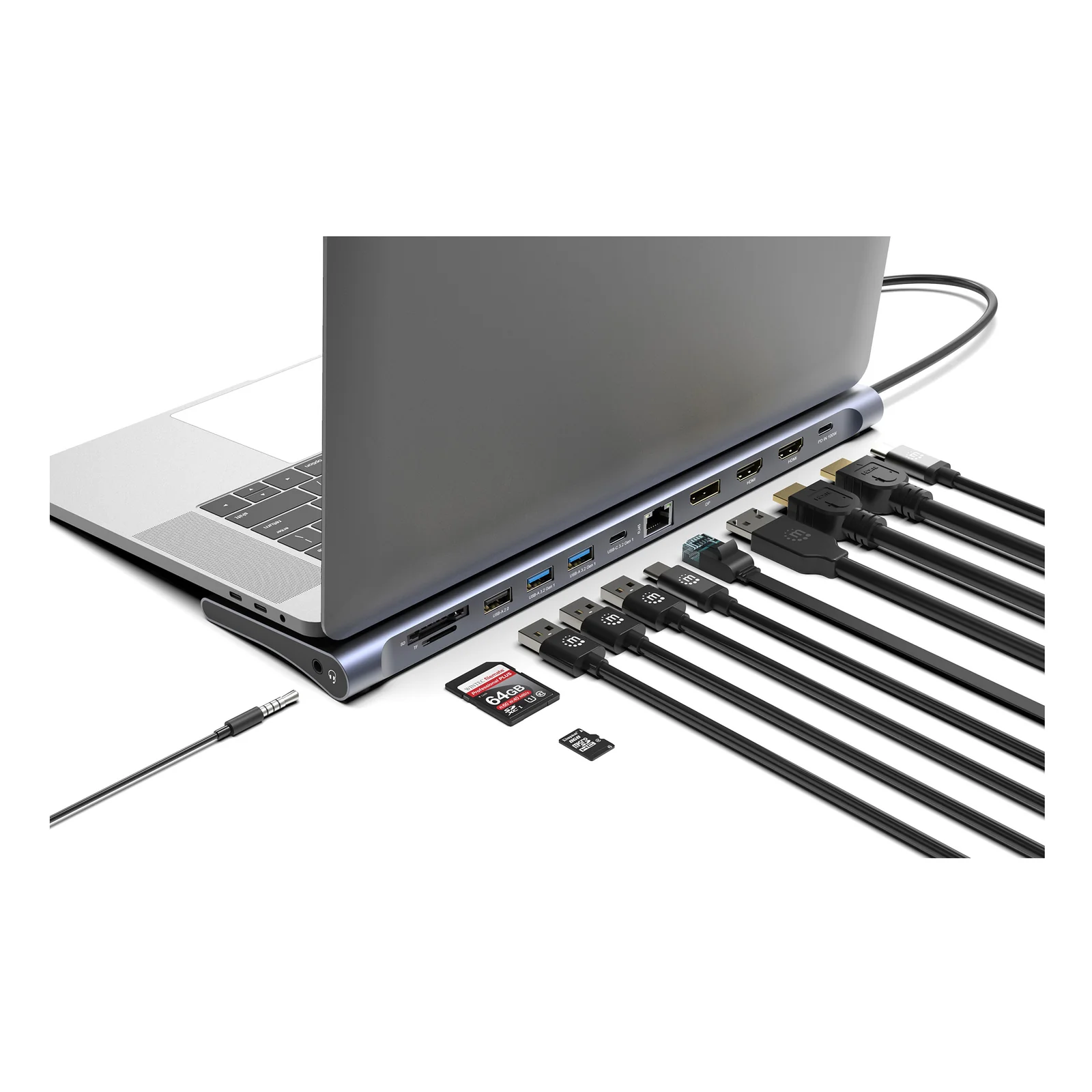 Manhattan Dock/hub USB-C avec lecteur de cartes: audio 3,5 mm, DisplayPort, Ethernet, 2x HDMI, 3x USB-A + 2x USB-C,avec PD 100W - nécessite un chargeur USB-C externe (non inclus).Alimenté par USB (aucune alimentation externe requise) lorsque le PD n’est pas utilisé