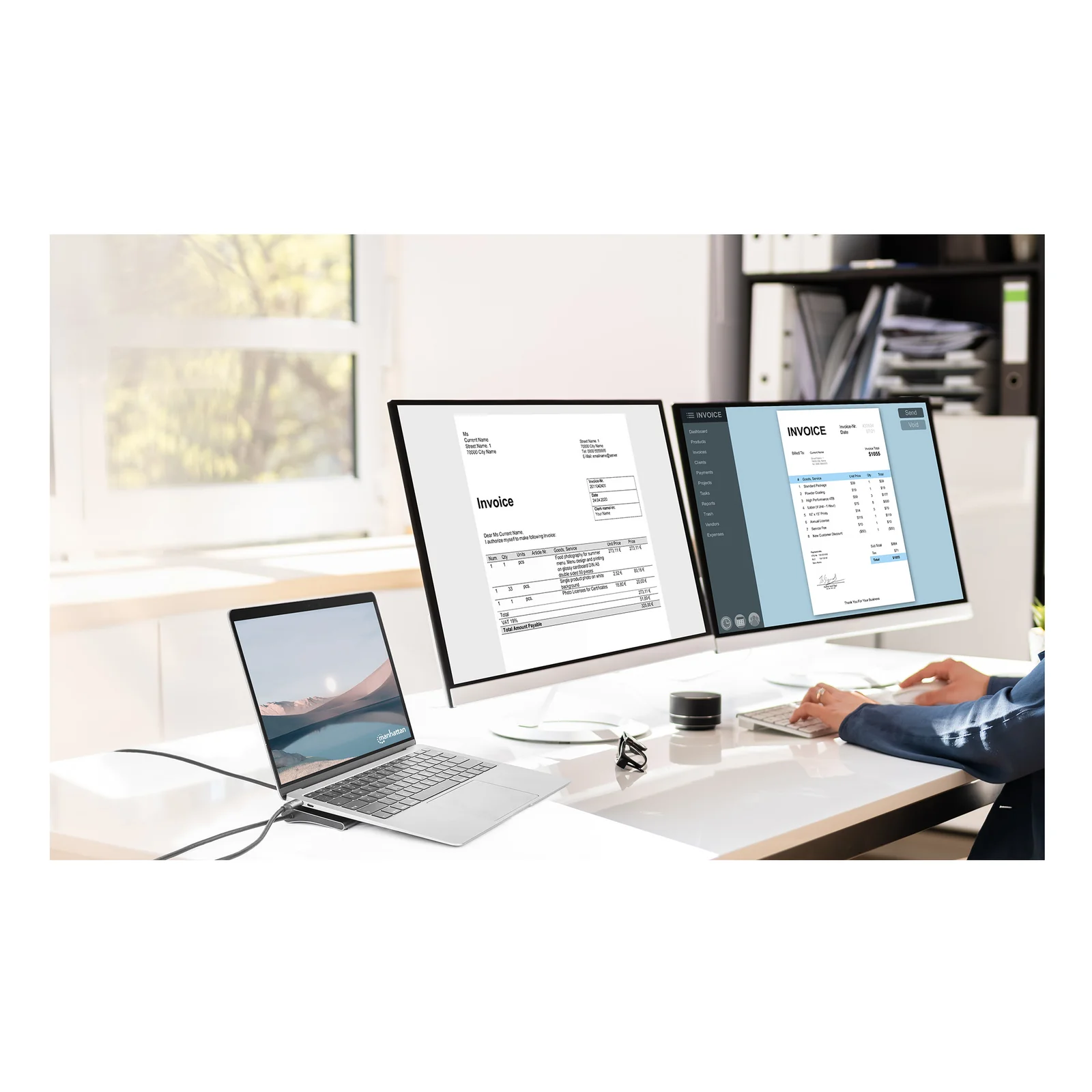 Manhattan Dock/hub USB-C avec lecteur de cartes: audio 3,5 mm, DisplayPort, Ethernet, 2x HDMI, 3x USB-A + 2x USB-C,avec PD 100W - nécessite un chargeur USB-C externe (non inclus).Alimenté par USB (aucune alimentation externe requise) lorsque le PD n’est pas utilisé