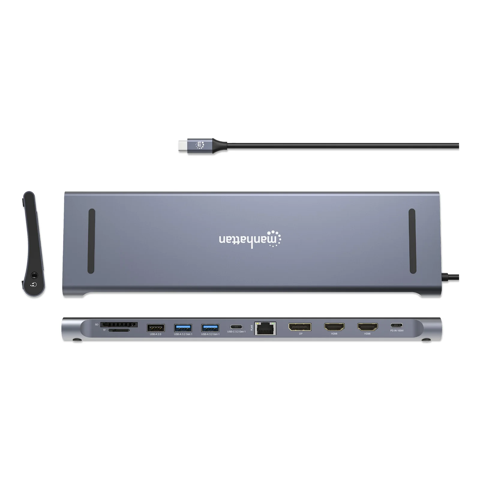 Manhattan Dock/hub USB-C avec lecteur de cartes: audio 3,5 mm, DisplayPort, Ethernet, 2x HDMI, 3x USB-A + 2x USB-C,avec PD 100W - nécessite un chargeur USB-C externe (non inclus).Alimenté par USB (aucune alimentation externe requise) lorsque le PD n’est pas utilisé