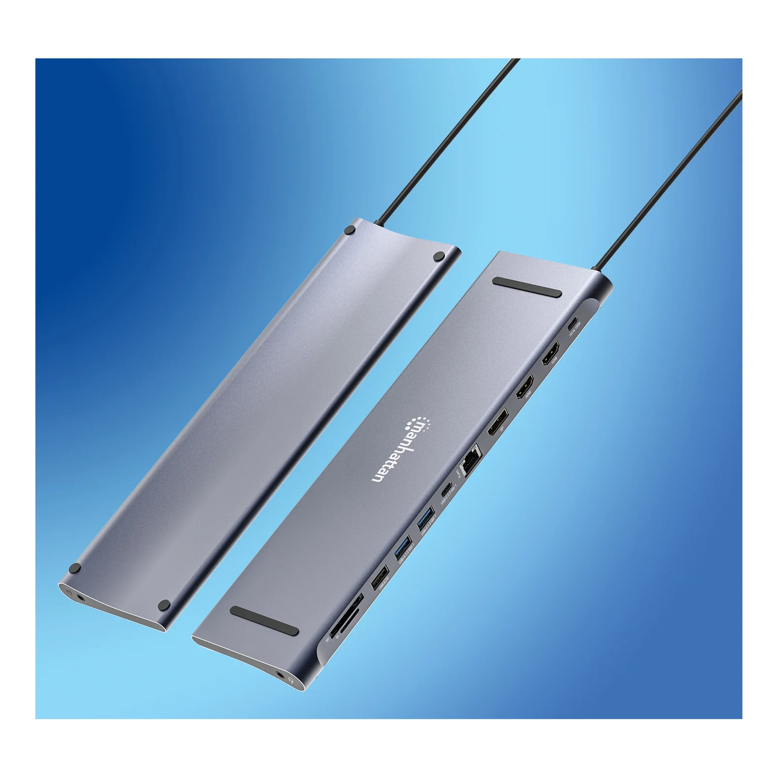 Manhattan Dock/hub USB-C avec lecteur de cartes: audio 3,5 mm, DisplayPort, Ethernet, 2x HDMI, 3x USB-A + 2x USB-C,avec PD 100W - nécessite un chargeur USB-C externe (non inclus).Alimenté par USB (aucune alimentation externe requise) lorsque le PD n’est pas utilisé