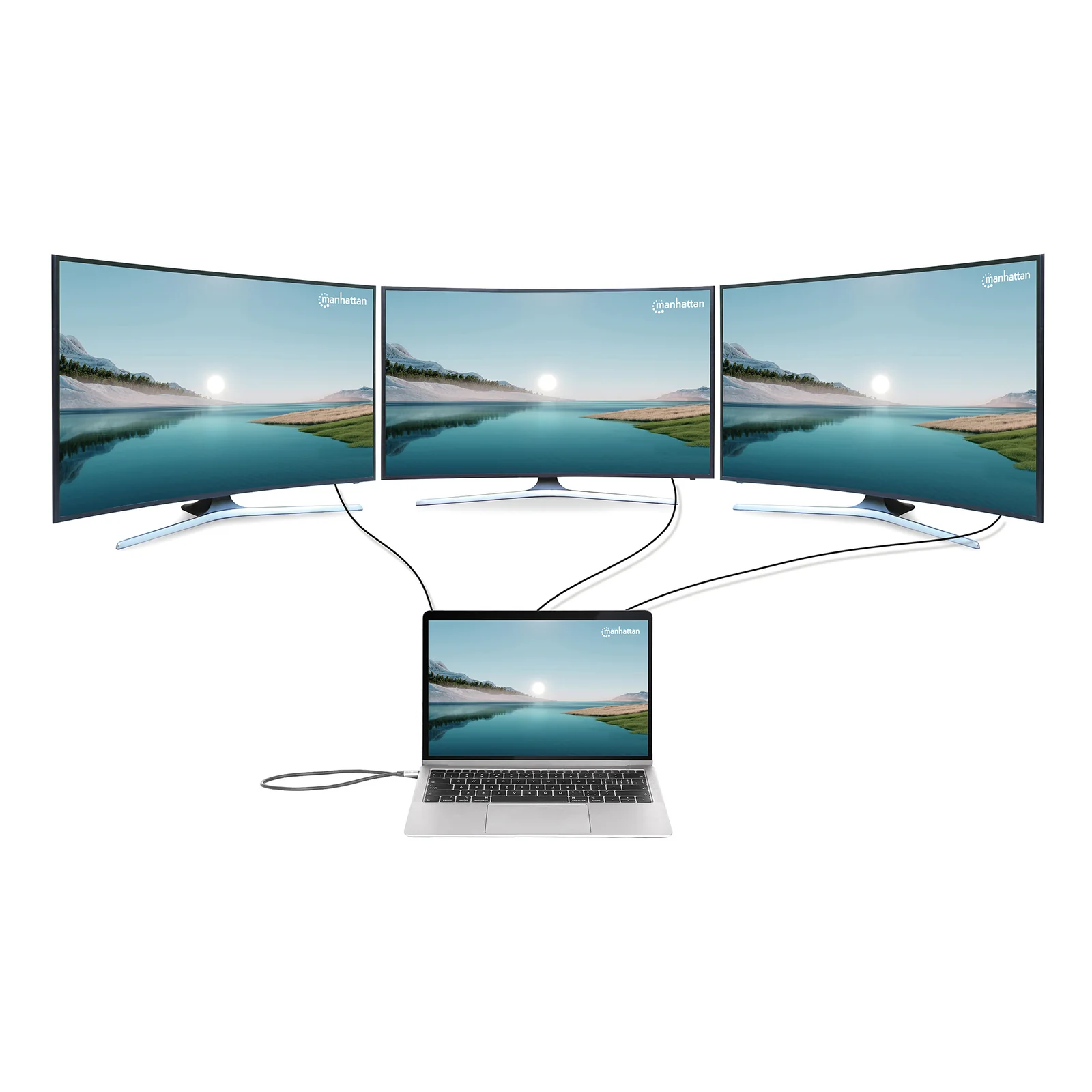 Manhattan Dock/hub USB-C avec lecteur de cartes: audio 3,5 mm, DisplayPort, Ethernet, 2x HDMI, 3x USB-A + 2x USB-C,avec PD 100W - nécessite un chargeur USB-C externe (non inclus).Alimenté par USB (aucune alimentation externe requise) lorsque le PD n’est pas utilisé