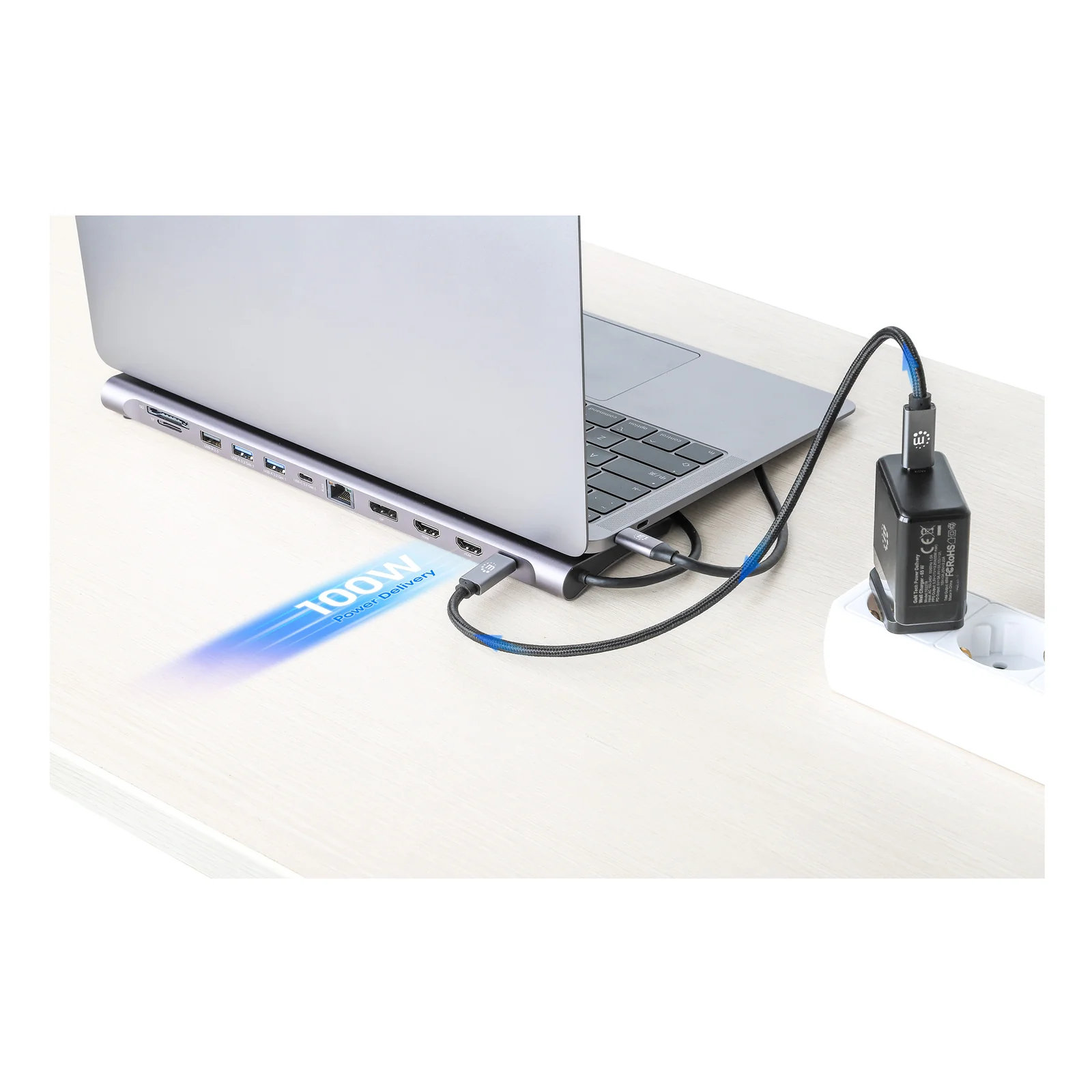Manhattan Dock/hub USB-C avec lecteur de cartes: audio 3,5 mm, DisplayPort, Ethernet, 2x HDMI, 3x USB-A + 2x USB-C,avec PD 100W - nécessite un chargeur USB-C externe (non inclus).Alimenté par USB (aucune alimentation externe requise) lorsque le PD n’est pas utilisé