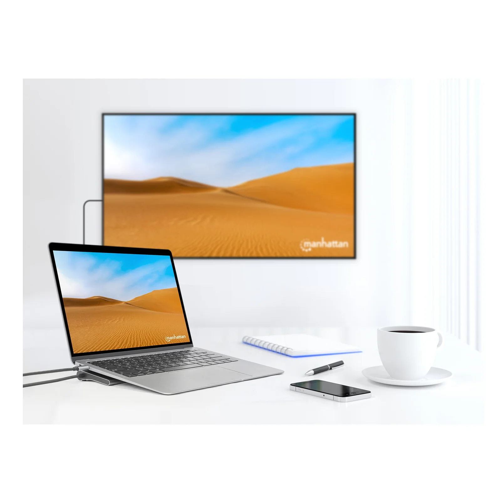 Manhattan Dock/hub USB-C avec lecteur de cartes: audio 3,5 mm, DisplayPort, Ethernet, 2x HDMI, 3x USB-A + 2x USB-C,avec PD 100W - nécessite un chargeur USB-C externe (non inclus).Alimenté par USB (aucune alimentation externe requise) lorsque le PD n’est pas utilisé