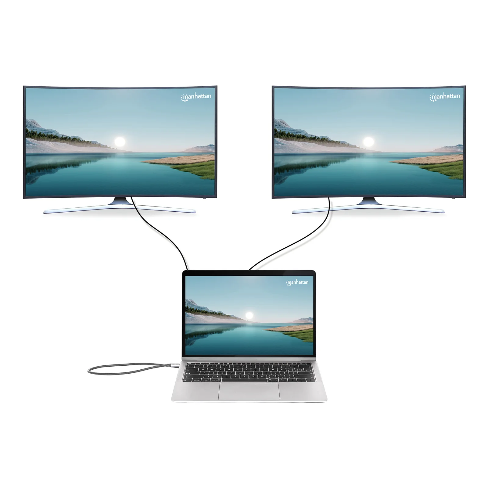 Manhattan Dock/hub USB-C avec lecteur de cartes et MST, 7 ports : Ethernet, 2x HDMI 4K@60Hz, 3x USB-A + USB-C, avec PD 100W - nécessite un chargeur USB-C externe (non inclus). Alimenté par USB (aucune alimentation externe requise) lorsque le PD n’est pas utilisé