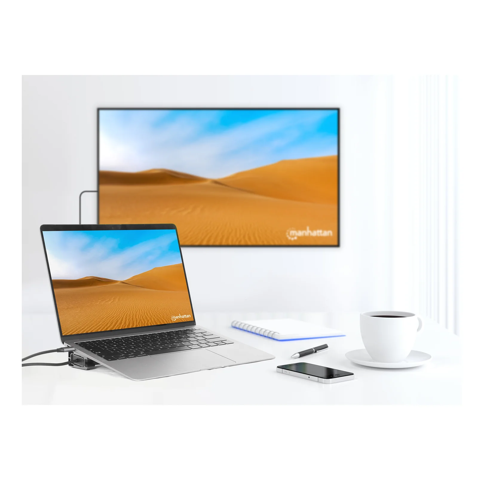 Manhattan Dock/hub USB-C avec lecteur de cartes et MST, 7 ports : Ethernet, 2x HDMI 4K@60Hz, 3x USB-A + USB-C, avec PD 100W - nécessite un chargeur USB-C externe (non inclus). Alimenté par USB (aucune alimentation externe requise) lorsque le PD n’est pas utilisé