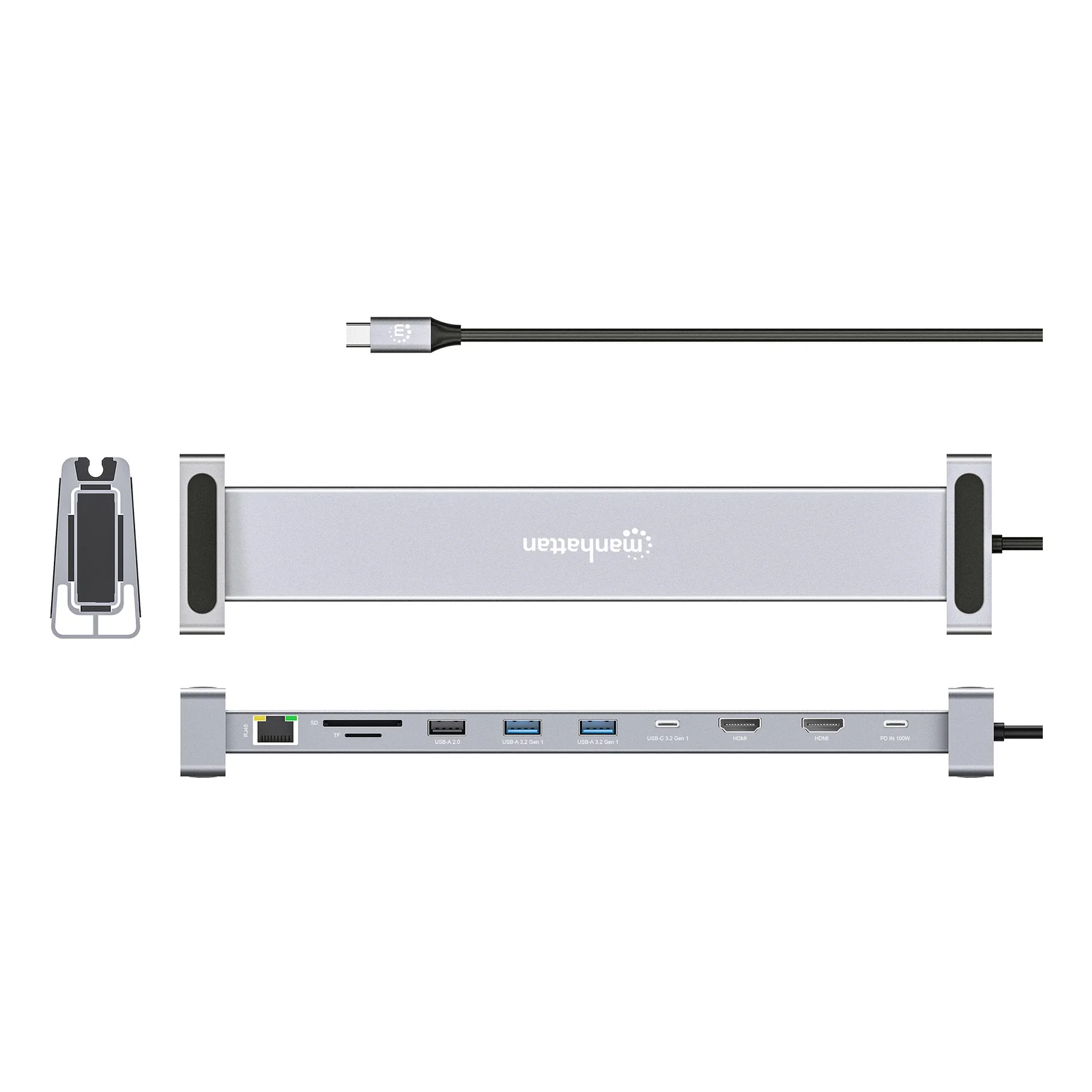 Manhattan Dock/hub USB-C avec lecteur de cartes et MST, 7 ports : Ethernet, 2x HDMI 4K@60Hz, 3x USB-A + USB-C, avec PD 100W - nécessite un chargeur USB-C externe (non inclus). Alimenté par USB (aucune alimentation externe requise) lorsque le PD n’est pas utilisé