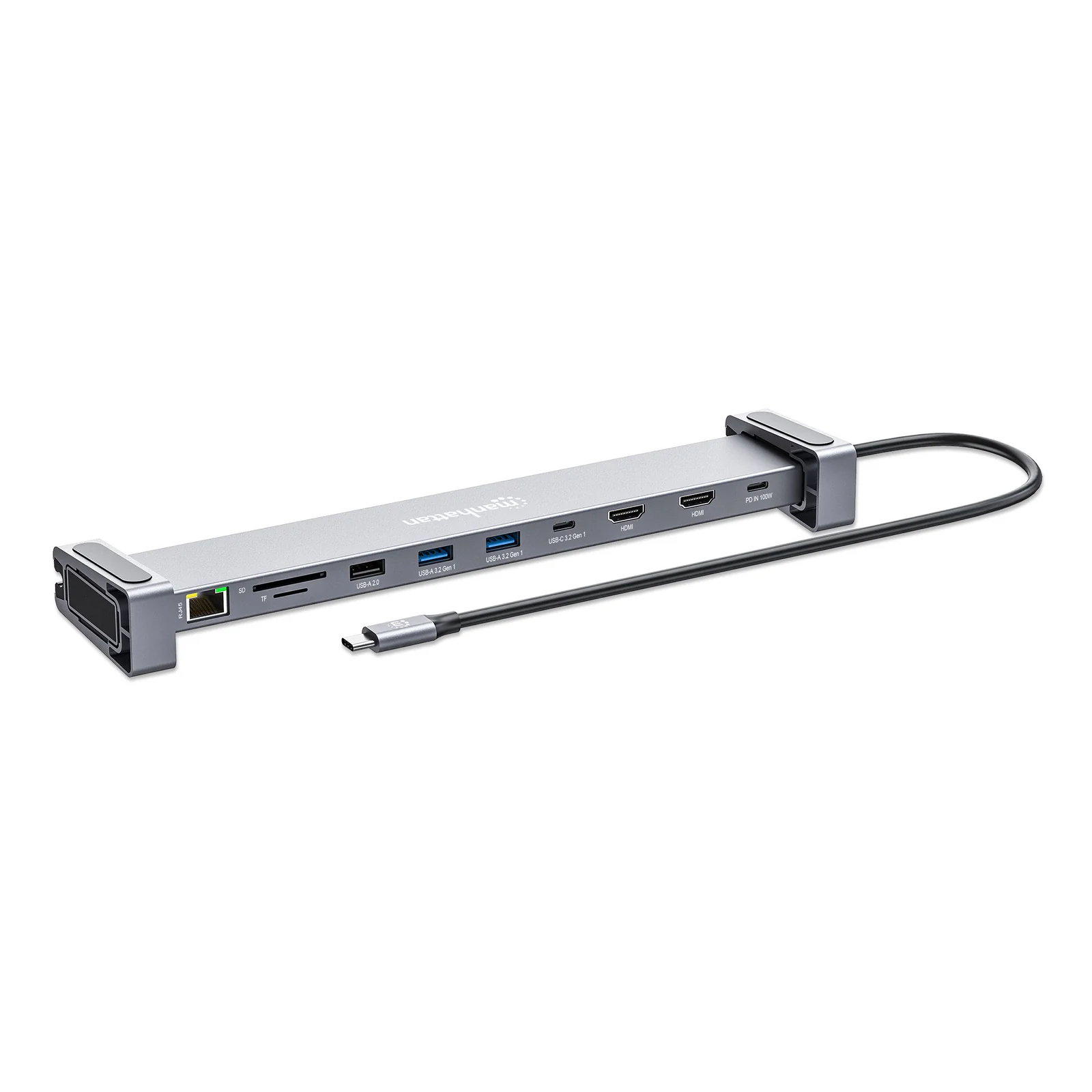 Manhattan Dock/hub USB-C avec lecteur de cartes et MST, 7 ports : Ethernet, 2x HDMI 4K@60Hz, 3x USB-A + USB-C, avec PD 100W - nécessite un chargeur USB-C externe (non inclus). Alimenté par USB (aucune alimentation externe requise) lorsque le PD n’est pas utilisé