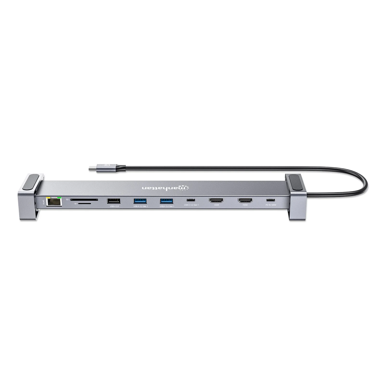 Manhattan Dock/hub USB-C avec lecteur de cartes et MST, 7 ports : Ethernet, 2x HDMI 4K@60Hz, 3x USB-A + USB-C, avec PD 100W - nécessite un chargeur USB-C externe (non inclus). Alimenté par USB (aucune alimentation externe requise) lorsque le PD n’est pas utilisé