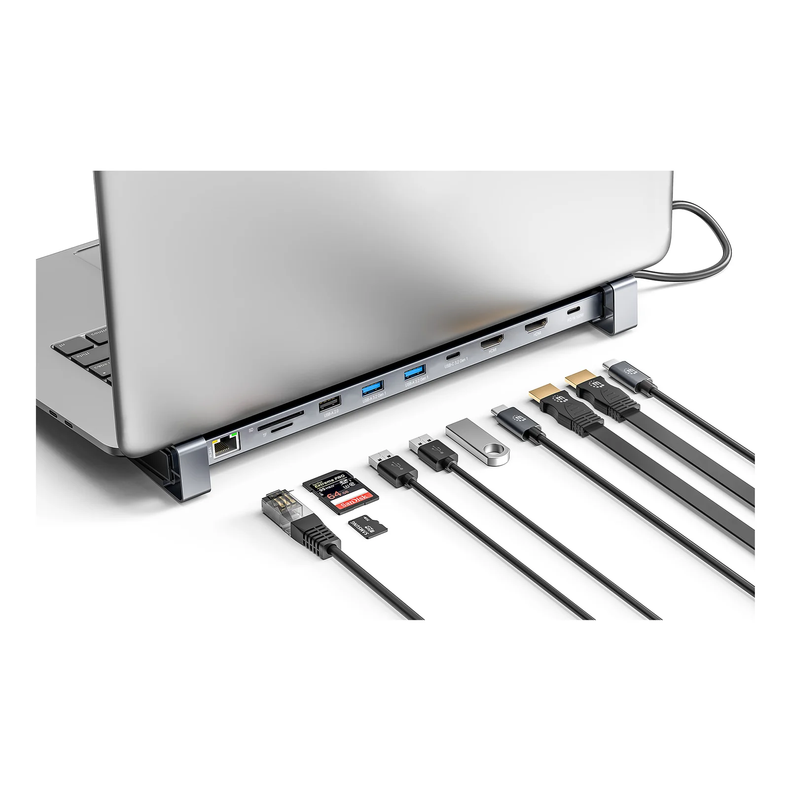 Manhattan Dock/hub USB-C avec lecteur de cartes et MST, 7 ports : Ethernet, 2x HDMI 4K@60Hz, 3x USB-A + USB-C, avec PD 100W - nécessite un chargeur USB-C externe (non inclus). Alimenté par USB (aucune alimentation externe requise) lorsque le PD n’est pas utilisé