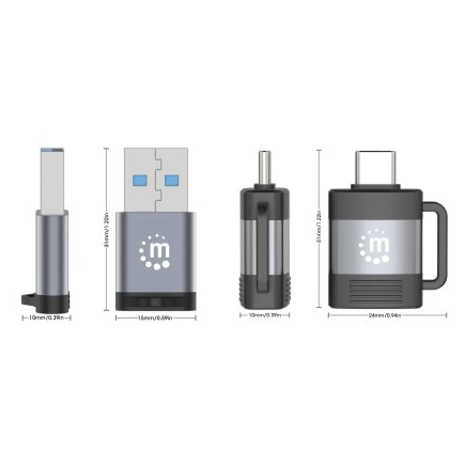 Manhattan Kit 2 pièces : adaptateurs USB-C vers USB-A et USB-A vers USB-C, conversions mâle/femelle, 5 Gbit/s (USB 3.2 Gen 1 / USB 3.0), noir/argent, garantie à vie