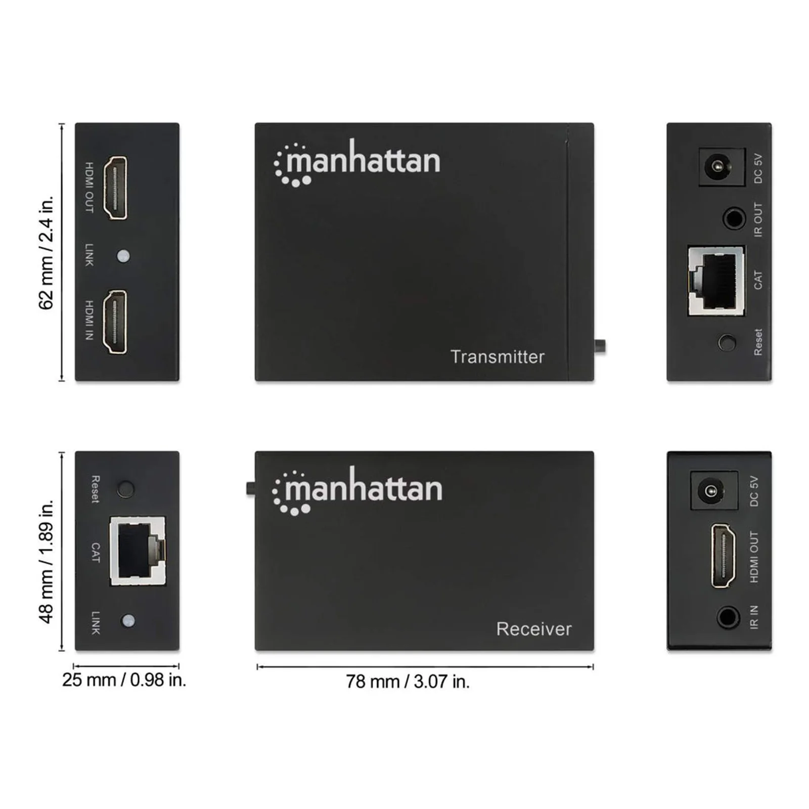 Manhattan Kit d’extension HDMI 1080p sur Ethernet, jusqu’à 50 m avec un seul câble Cat6, modules émetteur et récepteur, compatible IR, garantie de 3 ans