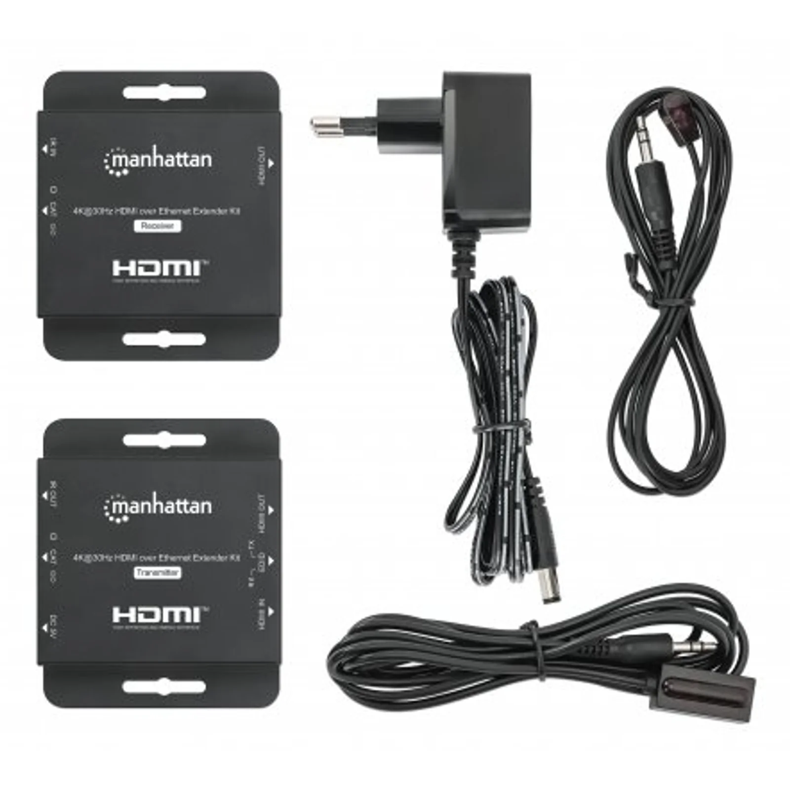 Manhattan Kit d’extension HDMI 4K sur Ethernet, étend 4K@30 Hz jusqu’à 40 m ou 1080p@60 Hz jusqu’à 70 m via câble Cat6, émetteur et récepteur, alimentation par câble (PoC), noir, garantie de 3 ans