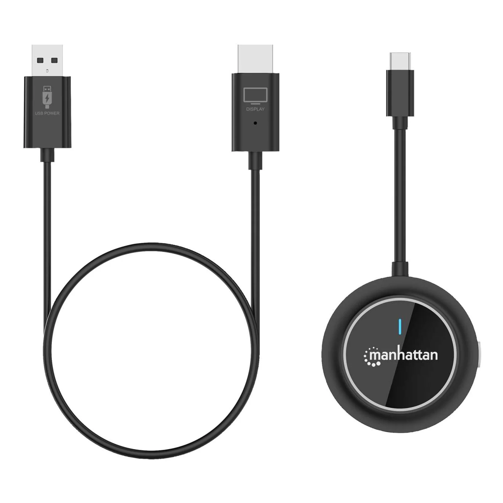 Manhattan Kit de présentation sans fil HDMI 1080p, ensemble de 2 pièces avec récepteur HDMI et émetteur USB-C type dongle, pour diffusion vidéo sans fil depuis un ordinateur portable, une tablette ou un smartphone vers un téléviseur ou un projecteur HDMI, noir