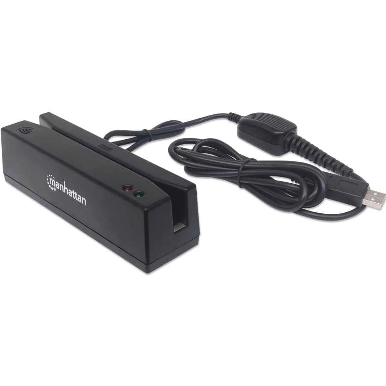 Manhattan Lecteur de cartes à bande magnétique USB-A, lecteur triple piste, décodage type clavier (keyboard wedge), câble de 1,5 m, noir, garantie de 3 ans