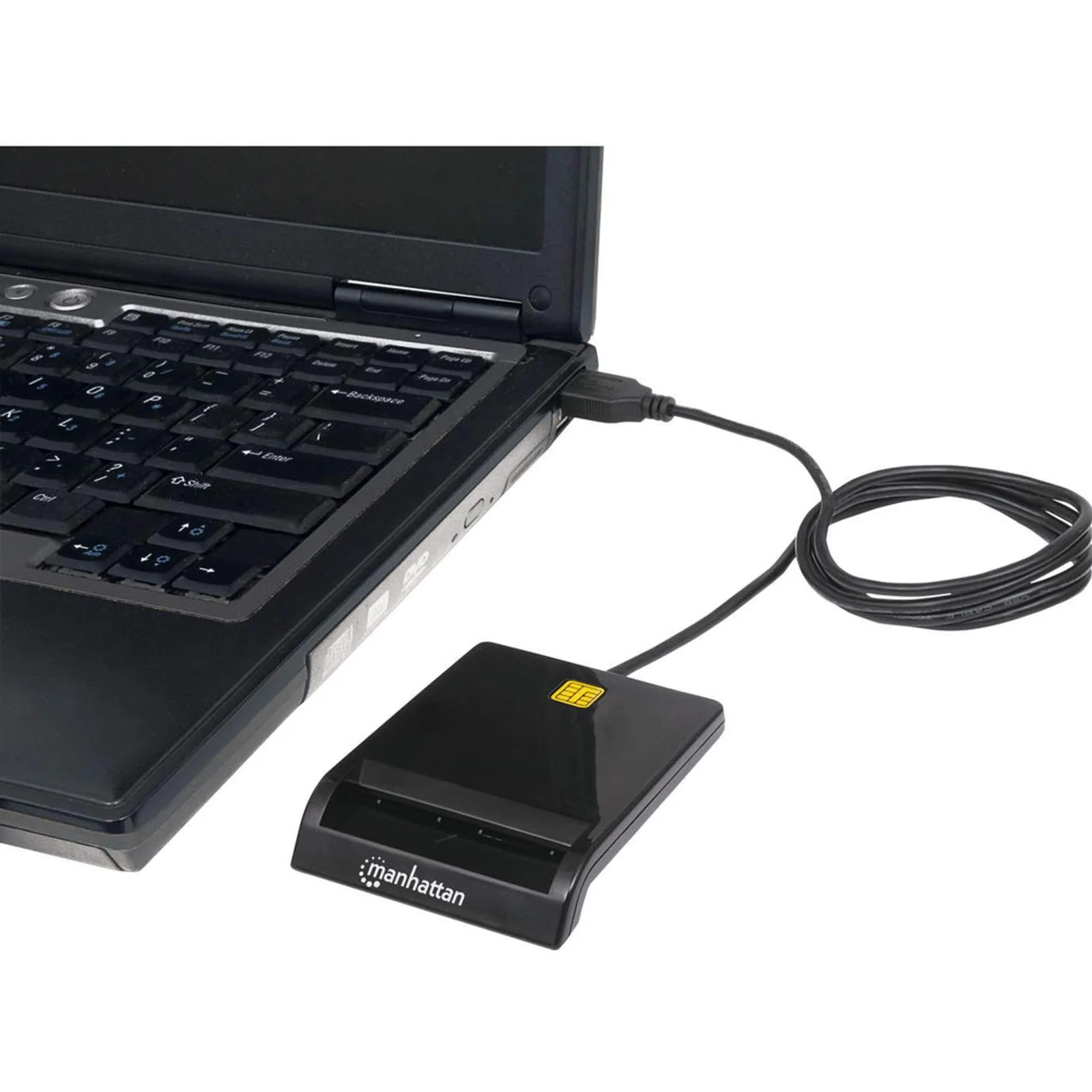 Manhattan Lecteur de cartes à puce à contact USB-A, 12 Mbps, fente d’insertion à friction, externe, compatible Windows ou Mac, câble de 105 cm, noir, garantie de 3 ans