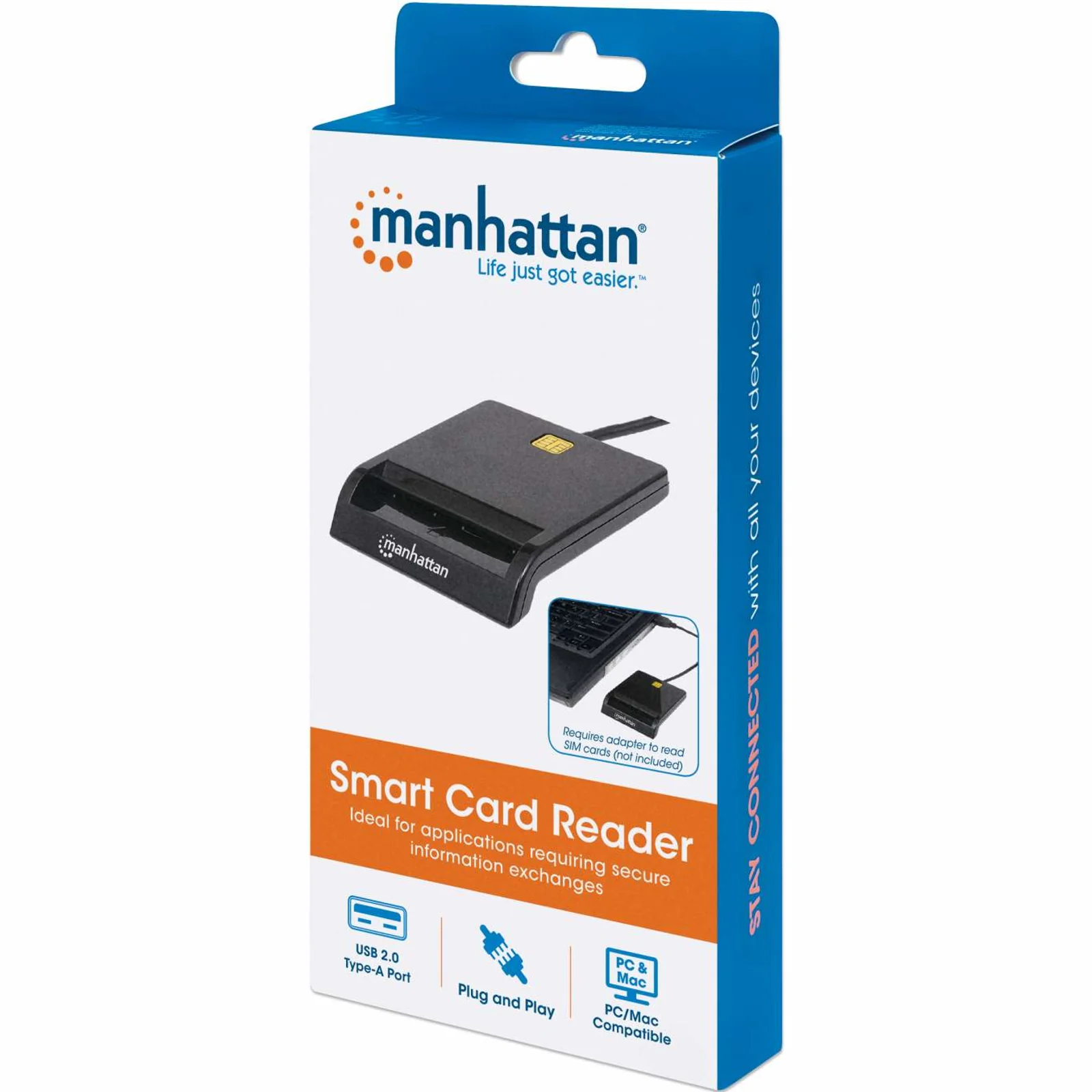 Manhattan Lecteur de cartes à puce à contact USB-A, 12 Mbps, fente d’insertion à friction, externe, compatible Windows ou Mac, câble de 105 cm, noir, garantie de 3 ans