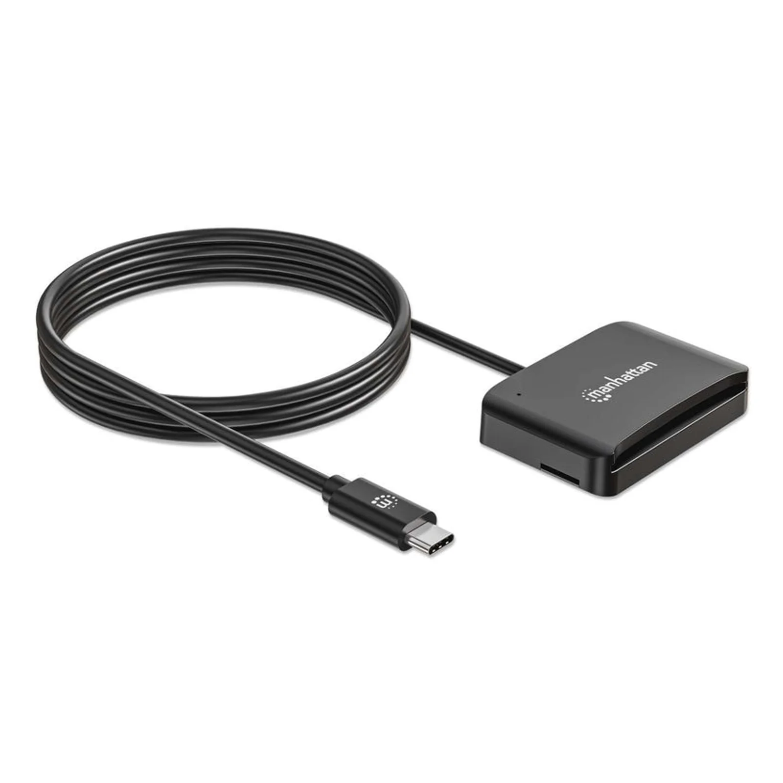 Manhattan Lecteur de cartes à puce à contact USB-C, avec emplacement microSD, connecteur USB-C mâle, compatible avec Windows, macOS et Linux, lit les cartes SIM avec adaptateur, câble de 1 m, noir, garantie de 3 ans