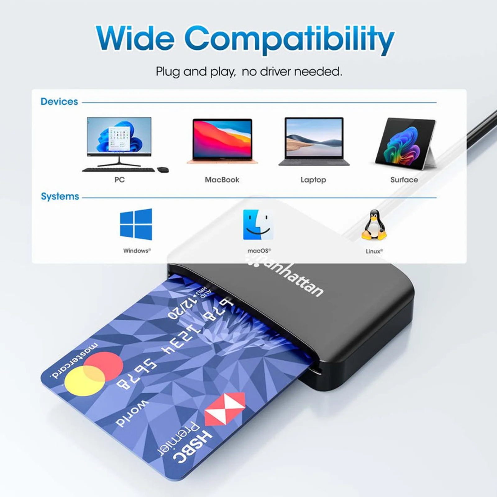 Manhattan Lecteur de cartes à puce à contact USB-C, avec emplacement microSD, connecteur USB-C mâle, compatible avec Windows, macOS et Linux, lit les cartes SIM avec adaptateur, câble de 1 m, noir, garantie de 3 ans