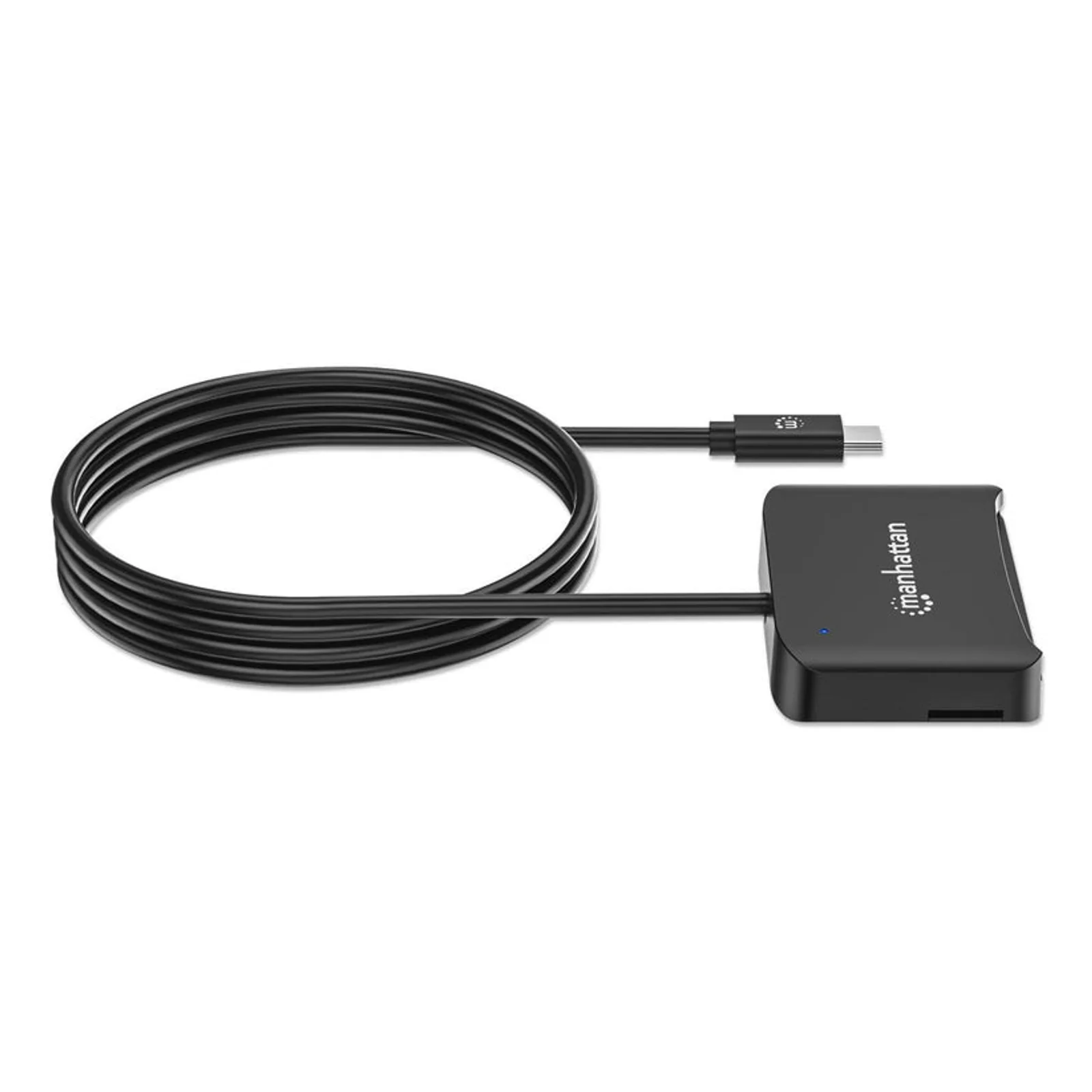Manhattan Lecteur de cartes à puce à contact USB-C, avec emplacement microSD, connecteur USB-C mâle, compatible avec Windows, macOS et Linux, lit les cartes SIM avec adaptateur, câble de 1 m, noir, garantie de 3 ans
