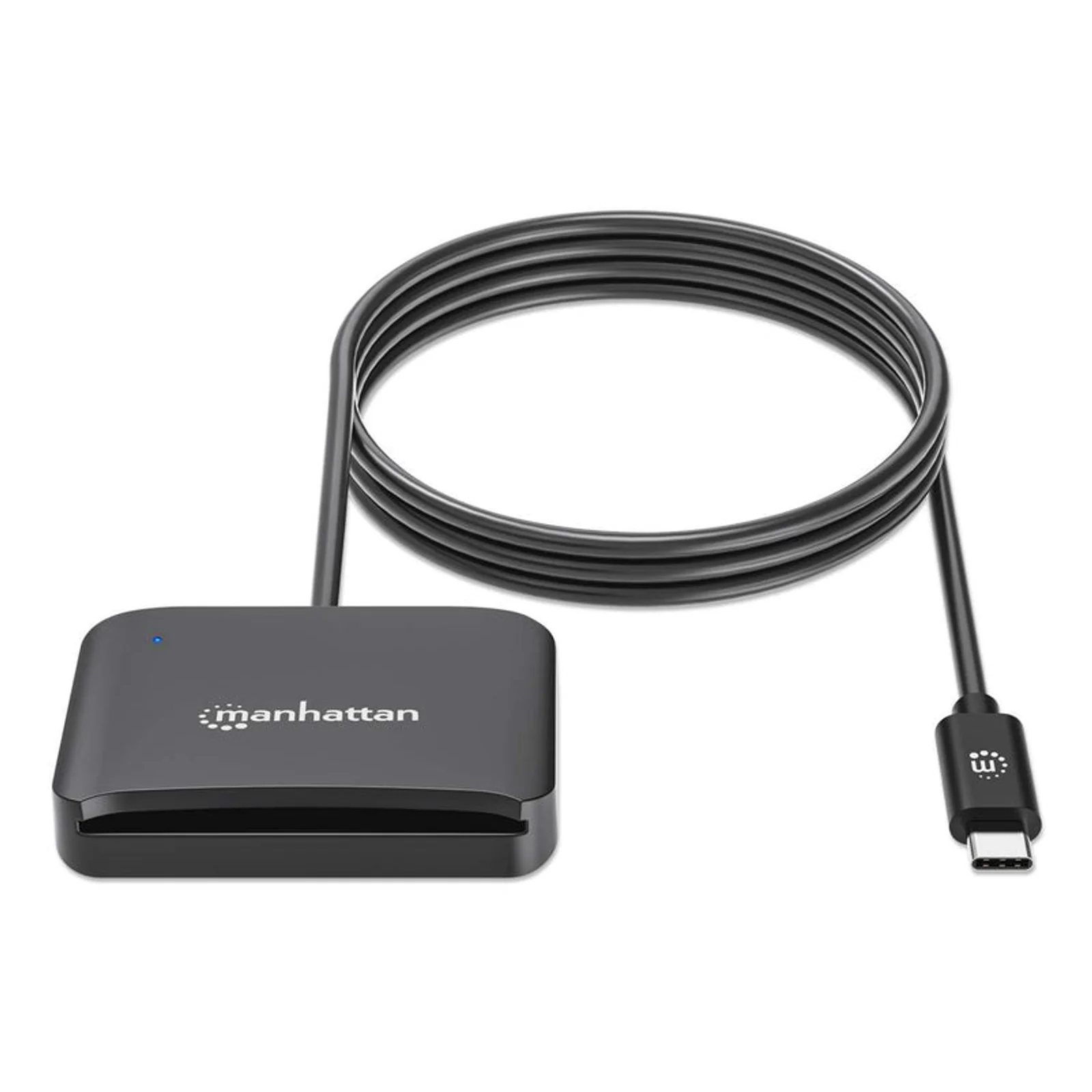 Manhattan Lecteur de cartes à puce à contact USB-C, avec emplacement microSD, connecteur USB-C mâle, compatible avec Windows, macOS et Linux, lit les cartes SIM avec adaptateur, câble de 1 m, noir, garantie de 3 ans