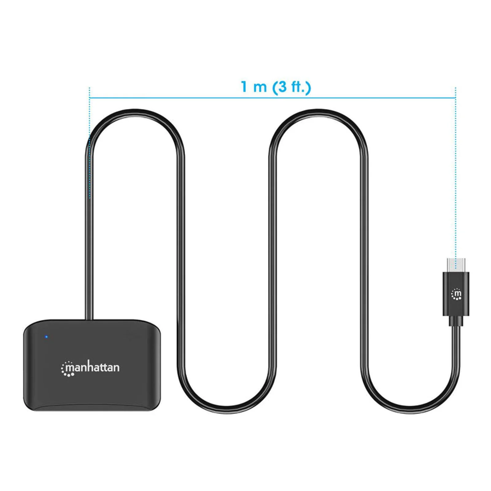 Manhattan Lecteur de cartes à puce à contact USB-C, avec emplacement microSD, connecteur USB-C mâle, compatible avec Windows, macOS et Linux, lit les cartes SIM avec adaptateur, câble de 1 m, noir, garantie de 3 ans