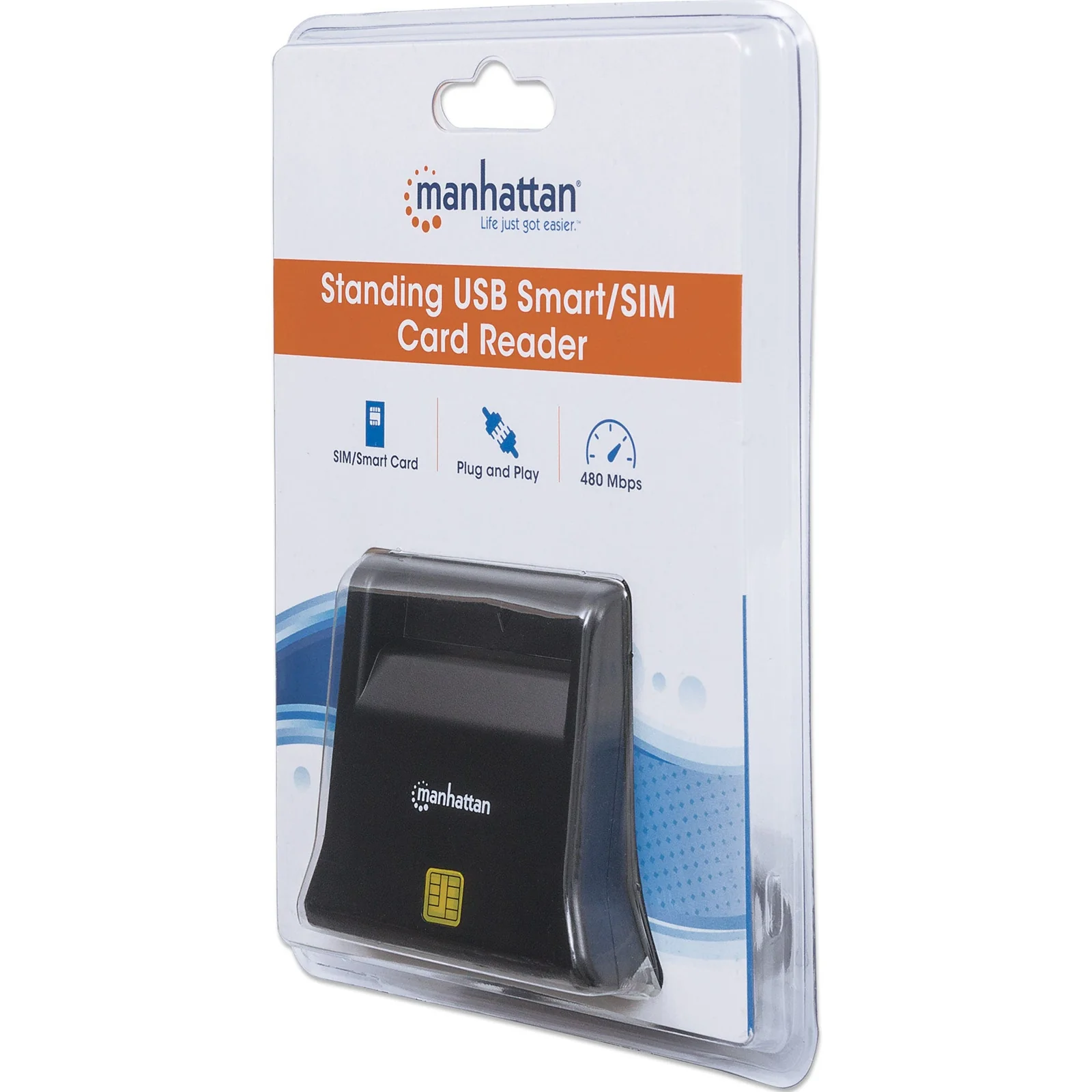 Manhattan Lecteur de cartes à puce/SIM USB-A, 480 Mbps (USB 2.0), design vertical de bureau, fente d’insertion à friction, câble de 86 cm, noir, garantie de 3 ans